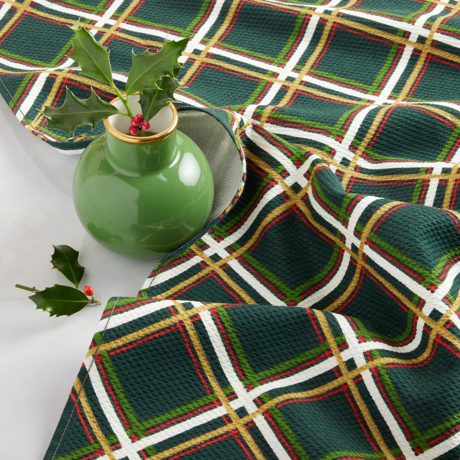 Kate Spade New York Holiday Confetti & Acrobat Plaid Holiday Kitchen Towels 2-Pack Set, 100% Cotton with Metallic Print, Lint-Free & Absorbant, Cream/Green, 17"x28" - Image 5