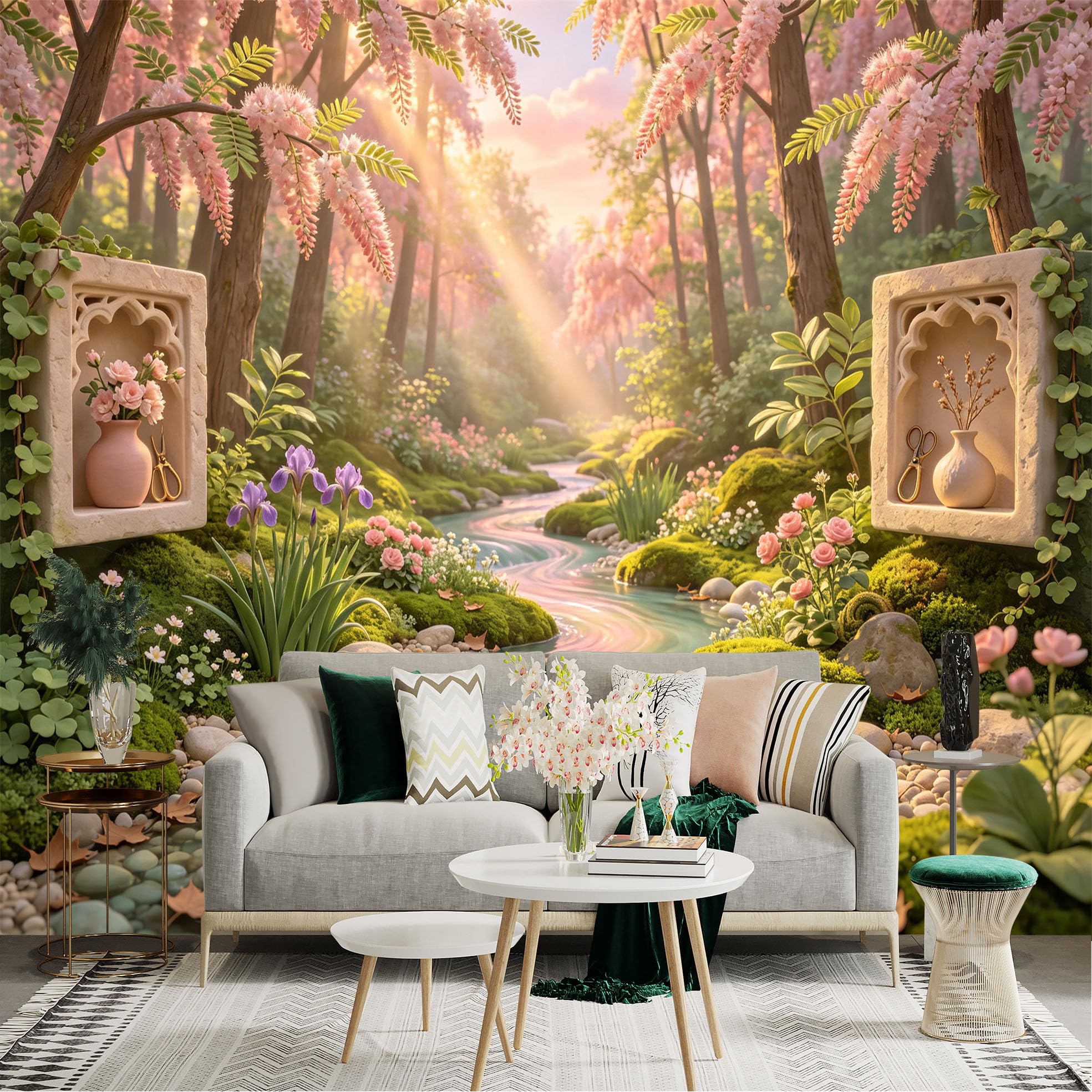 Lnzczhyre Bh260719355 Custom Size Wall Sticker Mural， Enchanted Forest Stream With Pink Blossoms And Stone Niche， For Wall Decoration， Peelandstick Wall Decals.