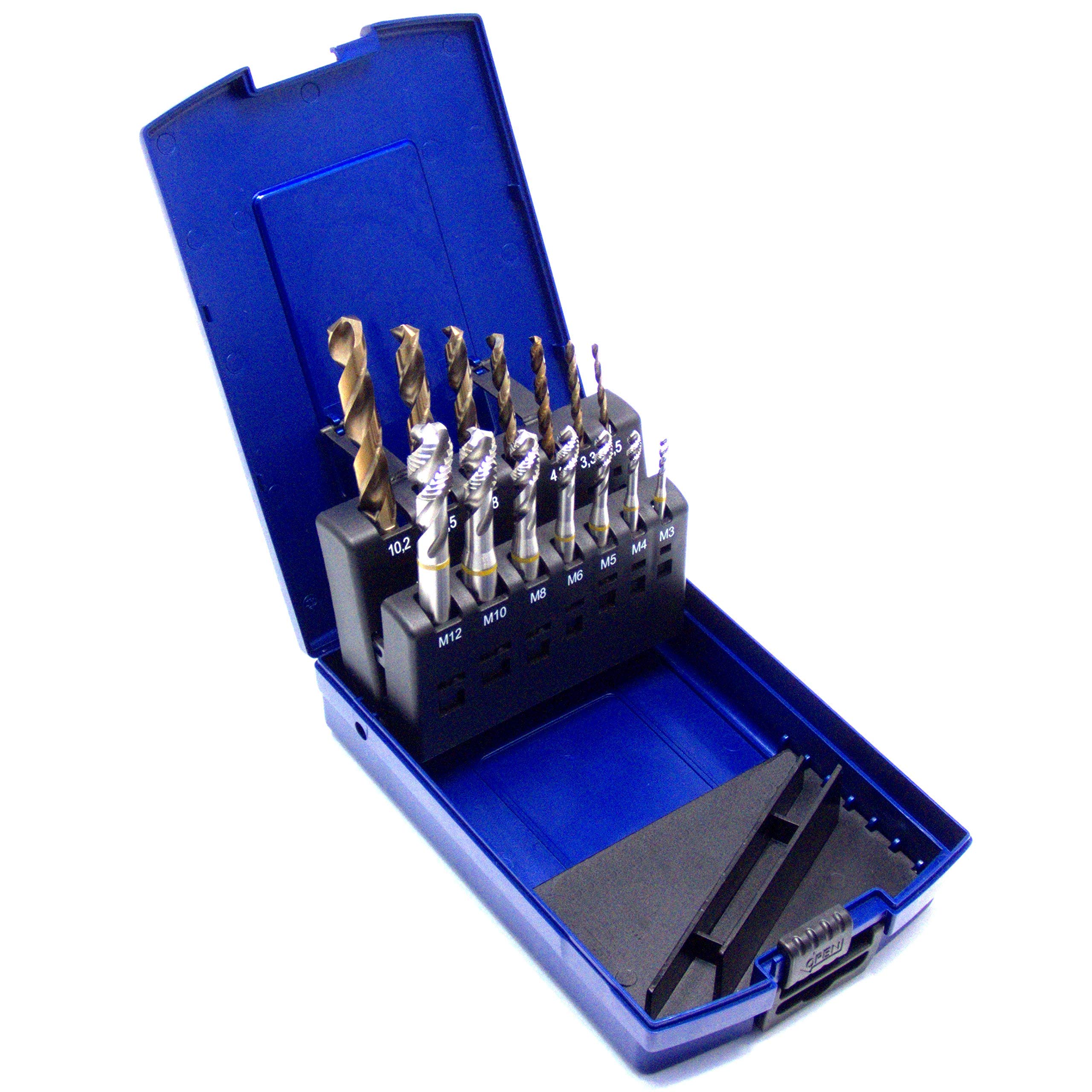 Lot de 14 tarauds pour machine M3 - M12 HSSE-Co5 DIN 371 - Trou borgné 39° RSP - Avec carottier HSSE-Co5