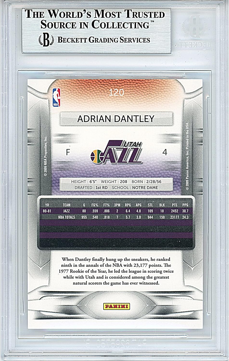 Adrian Dantley Autographed 2009 2010 Panini Prestige #120 Basketball Trading Card Slab Beckett BAS Authentic Slabbed COA Played For Utah Jazz NBA