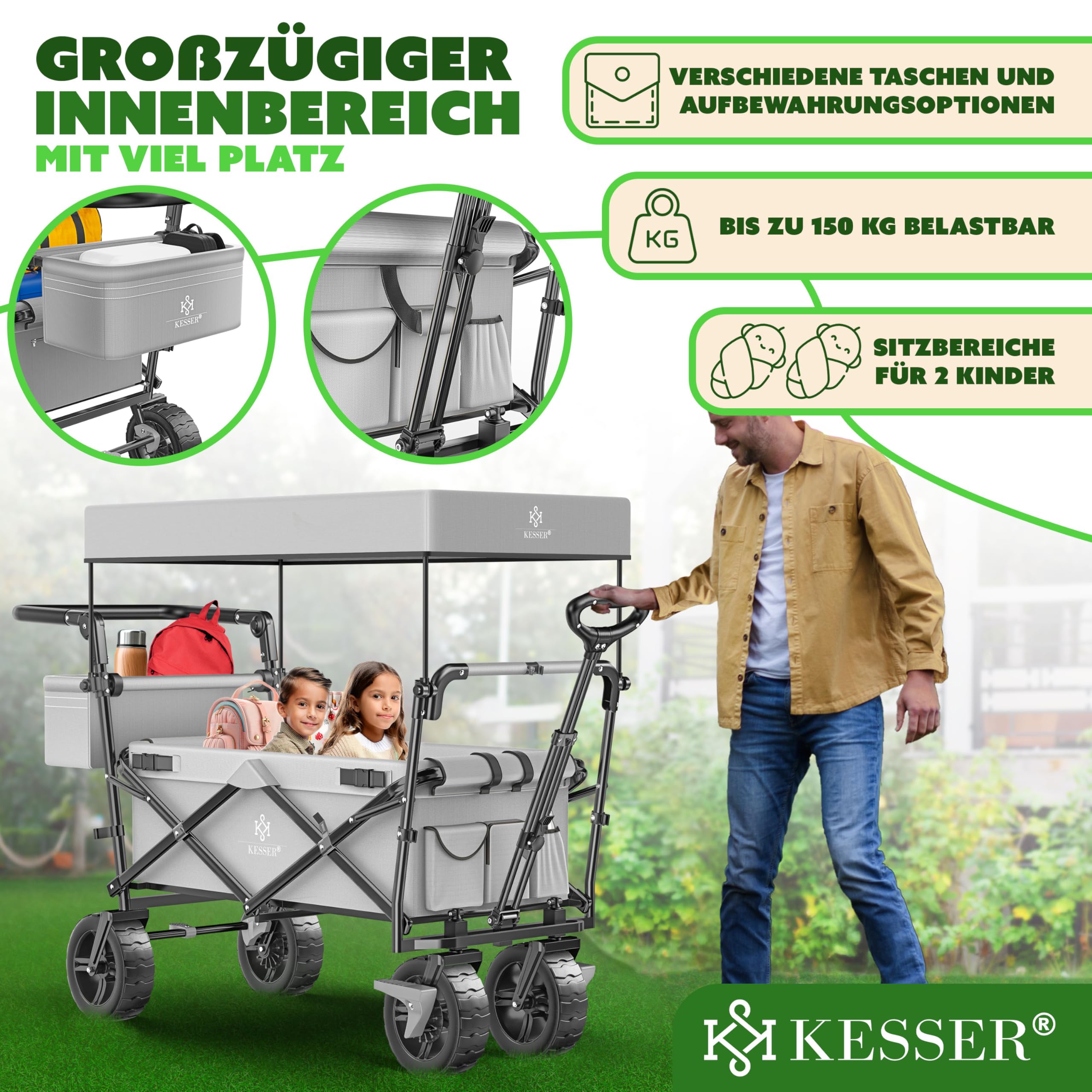 KESSER GT9000 Chariot de transport pliable avec toit - Charge maximale : 150 kg - Avec roues en caoutchouc dur et freins de stationnement (avant et arrière) - Avec serrure, couverture, intempéries et