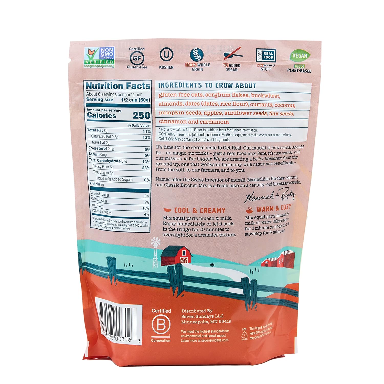 Seven Sundays Classic Bircher Apple Cinnamon Almond Muesli Cereal - 6 Count, 12 Oz Pouch - Certified Gluten Free Muesli - Non GMO, No Refined Sugar and Kosher