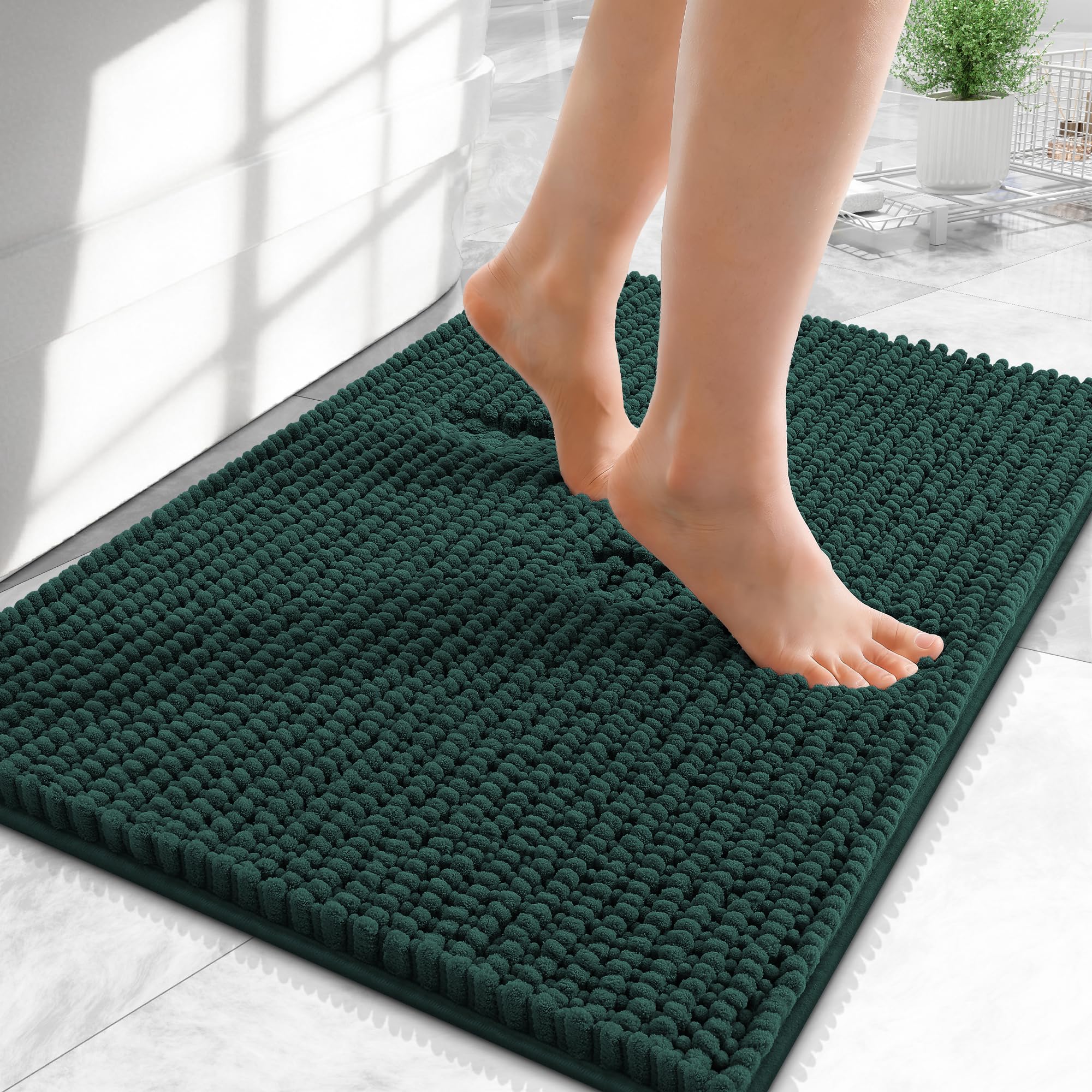 OLANLY Thick Chenille Small Bathroom Rugs Mats 24x16, Blackish Green