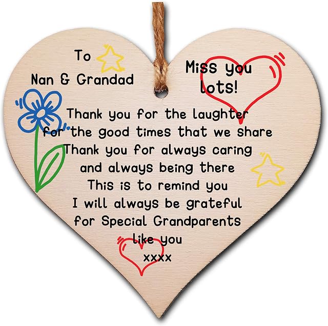 Personalised Handmade Wooden Hanging Heart Plaque Gift Always grateful for special grandparents like you from grandchildren miss you thank you window wall hanger kids style colourful design