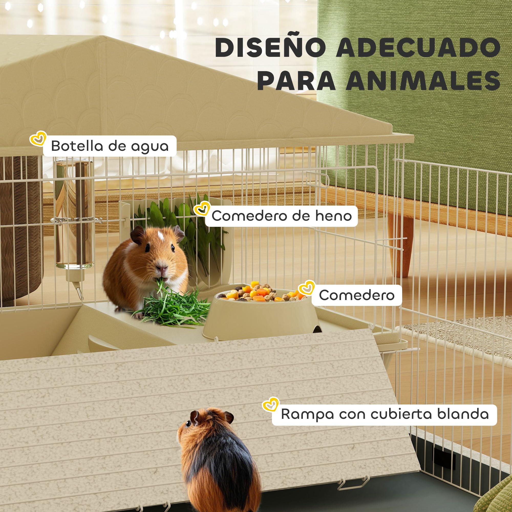 PawHut Jaula para Animales Pequeños Cobaya Desmontable 108x71x57 cm Beige | Jaula para Roedores, Corral, Ruedas, Rampas, Cuenco, Botella de Agua, Dispensador de Heno