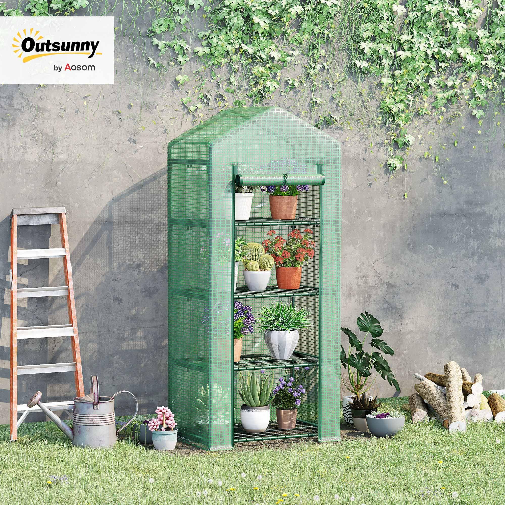 Outsunny Serra per Piante Verticale con Scaffale a 4 Ripiani, Serra da Balcone e Terrazzo in Acciaio e PE Verde Scuro, 70x50x160cm