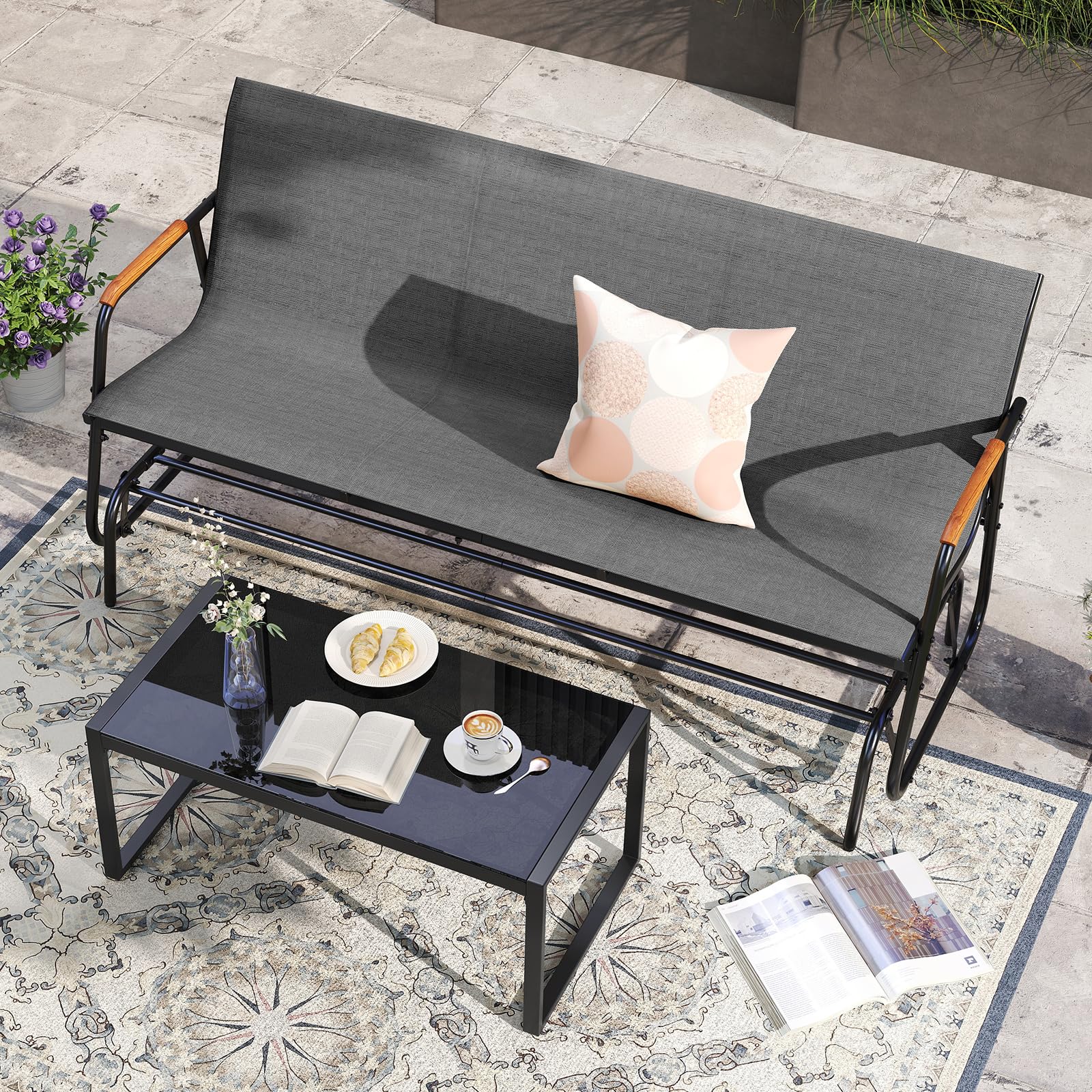 KOMFOTTEU Banco Balancín de 2/3 Plazas, Silla Mecedora de Jardín de Tela con Reposabrazos Curvos de Madera Maciza, Banco de Balanceo con Carga 300/450 kg, para Terraza, Exterior (74 x 169 x 84 cm)