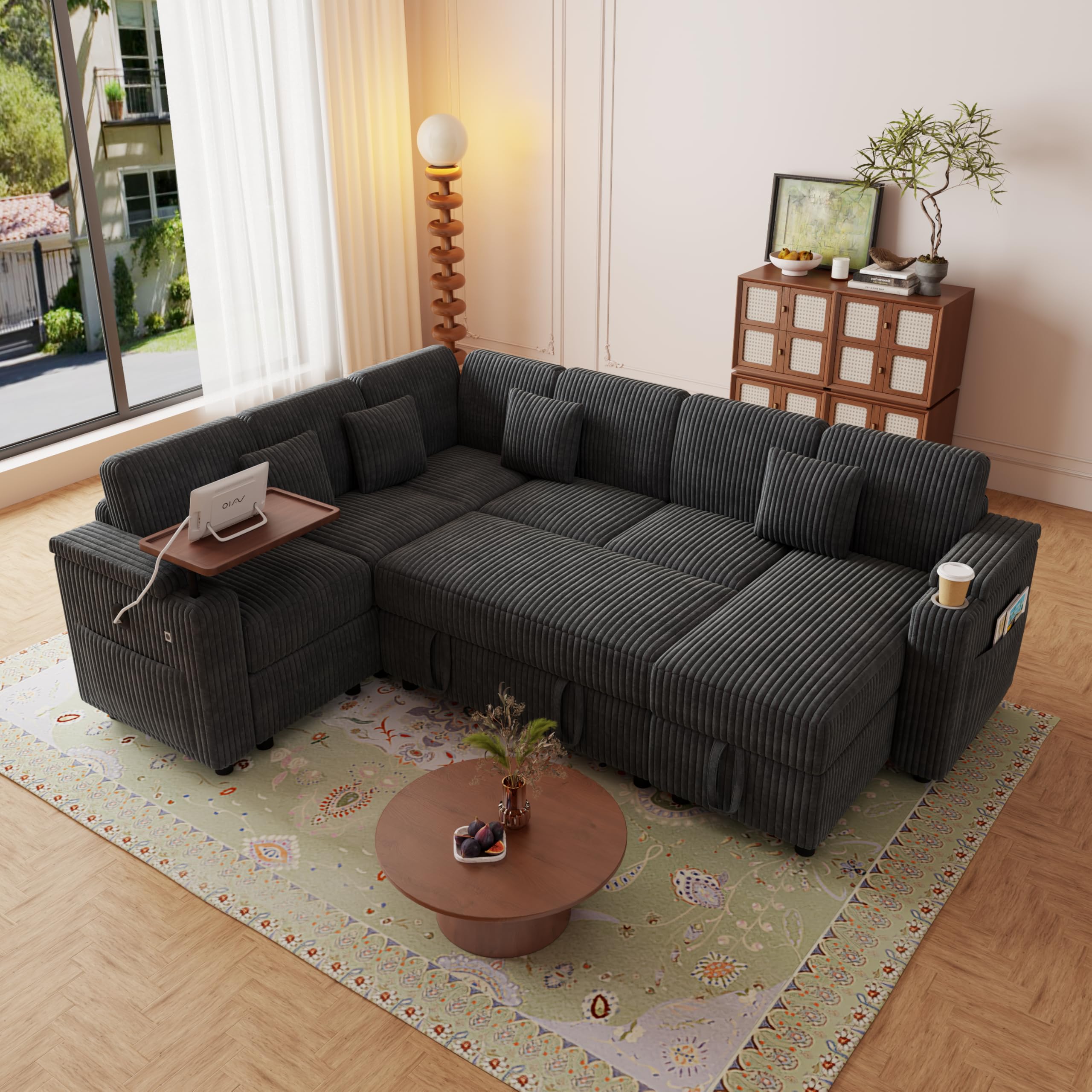 Photo 1 of ** NOT A FULL SET PARTIAL SET UNKNOWN TO MISSING HARDWARE ** KEIKI 100" U Shaped Sectional Sleeper Sofa, Pull Out Couch Bed with USB Ports, Cup Holder & Table Board, Corduroy 7 Seat Modular Sofa with Storage Chaise for Living Room, Home Theater, Family Lo