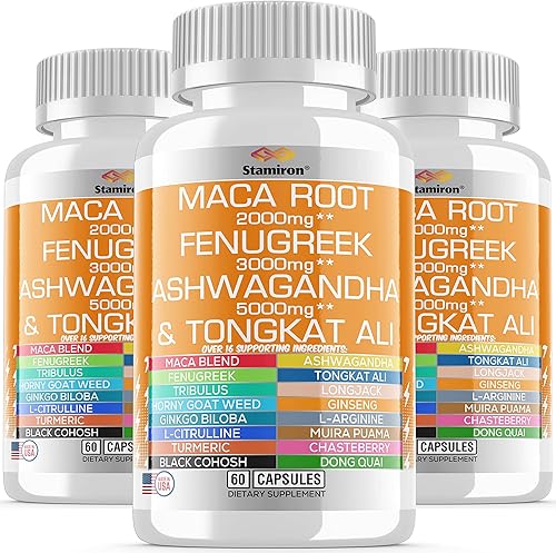 Stamiron Raíz de maca 2000 mg de fenogreco 3000 mg de Ashwagandha 5000 mg suplemento con Tongkat Ali Dong Quai raíz de cohosh negro ginkgo biloba