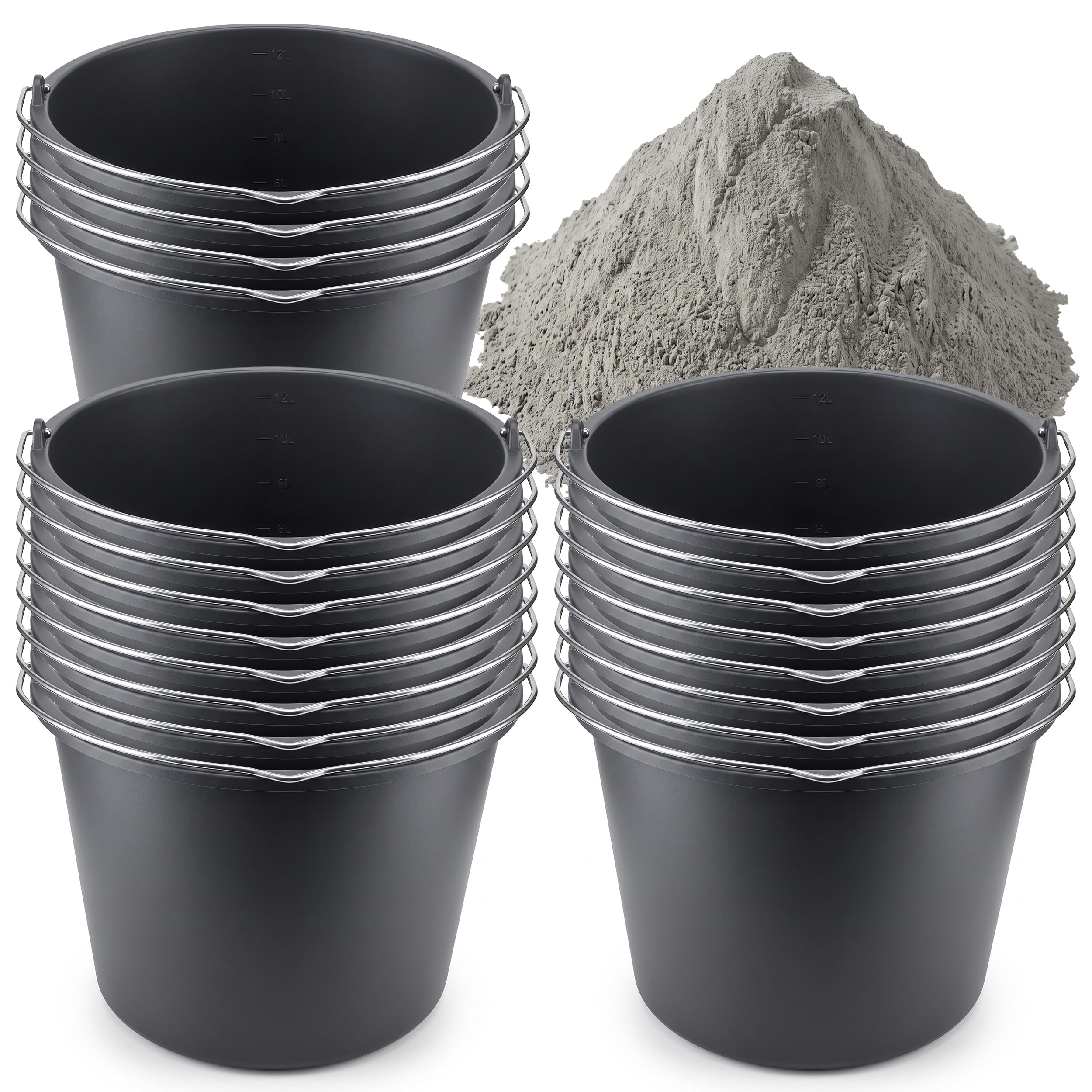 DEWEPRO® Lot de 20 Seaux de Chantier Robustes 12L – Seaux en Plastique Noir avec Anse et Graduation – Idéals pour Mortier, Plâtre, Bricolage et Usage Domestique
