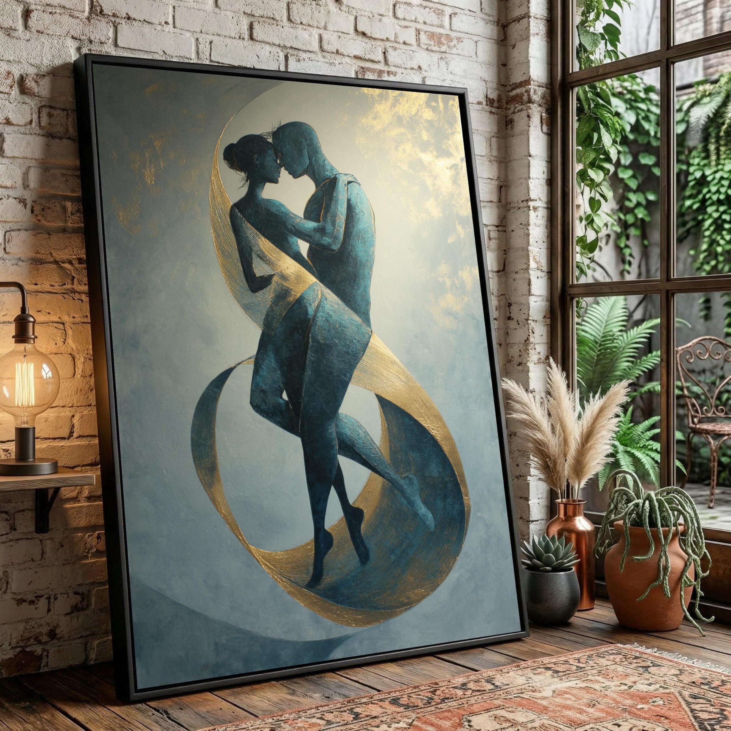 Embracing Couple Canvas Art, Intimate Dance Posters, Gold Ribbon Abstract Wall Artwork, Romantic Love Canvas Painting(50x70cm/Frameless)