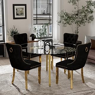 HAIZAO 5 Pieces Gold Clear Round Glass Dining Table Set, Modern Luxury Circle Kitchen Set for 4, 47'' Minimalist Circular Dinner Room Set, Black High-end Tufted Chairs, for Home Large Apartment