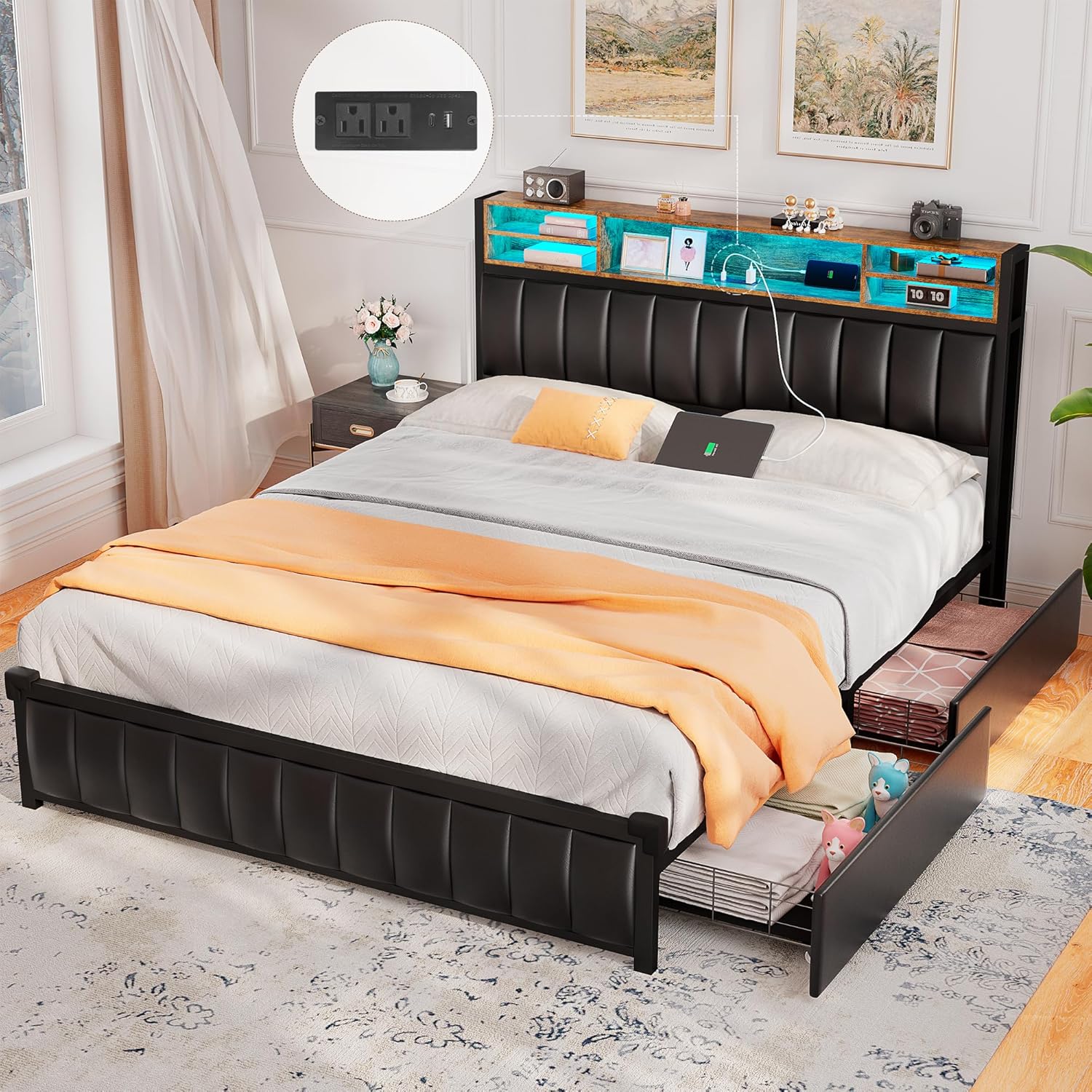 Full Size Bed Frame with Bookcase Headboard and Charging