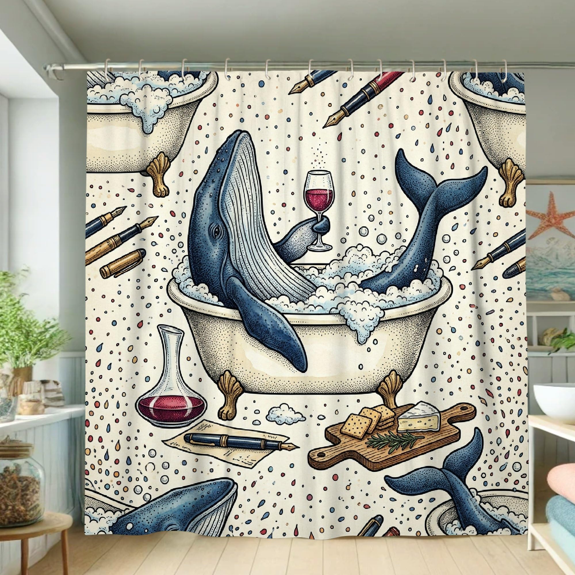 Rideau de douche baleine fantaisiste grand format lavable avec crochets de douche