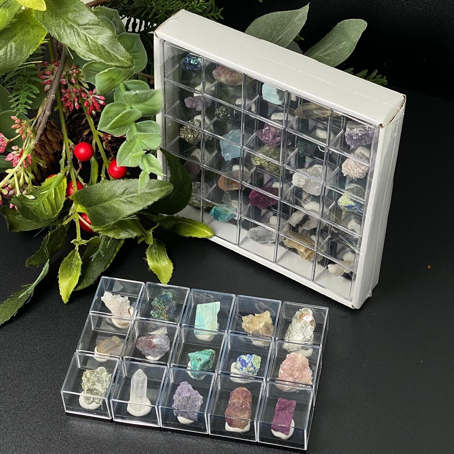 25Pcs Random Mineral Specimen Box Set - 2.5cm Mini Case with Amethyst/Ruby/Green Aventurine, Educational Crystal Collection for Crystal Collecter