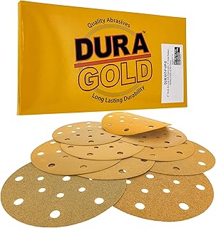 Dura-Gold Premium 60, 80, 100,120,180,220,320,400,600,1000 Grit 6" Gold Sandpaper Discs, 17 Hole Pattern Dustless, 5 Each, 50 Total - Hook & Loop Backing for DA Sander, Sanding Automotive, Woodworking