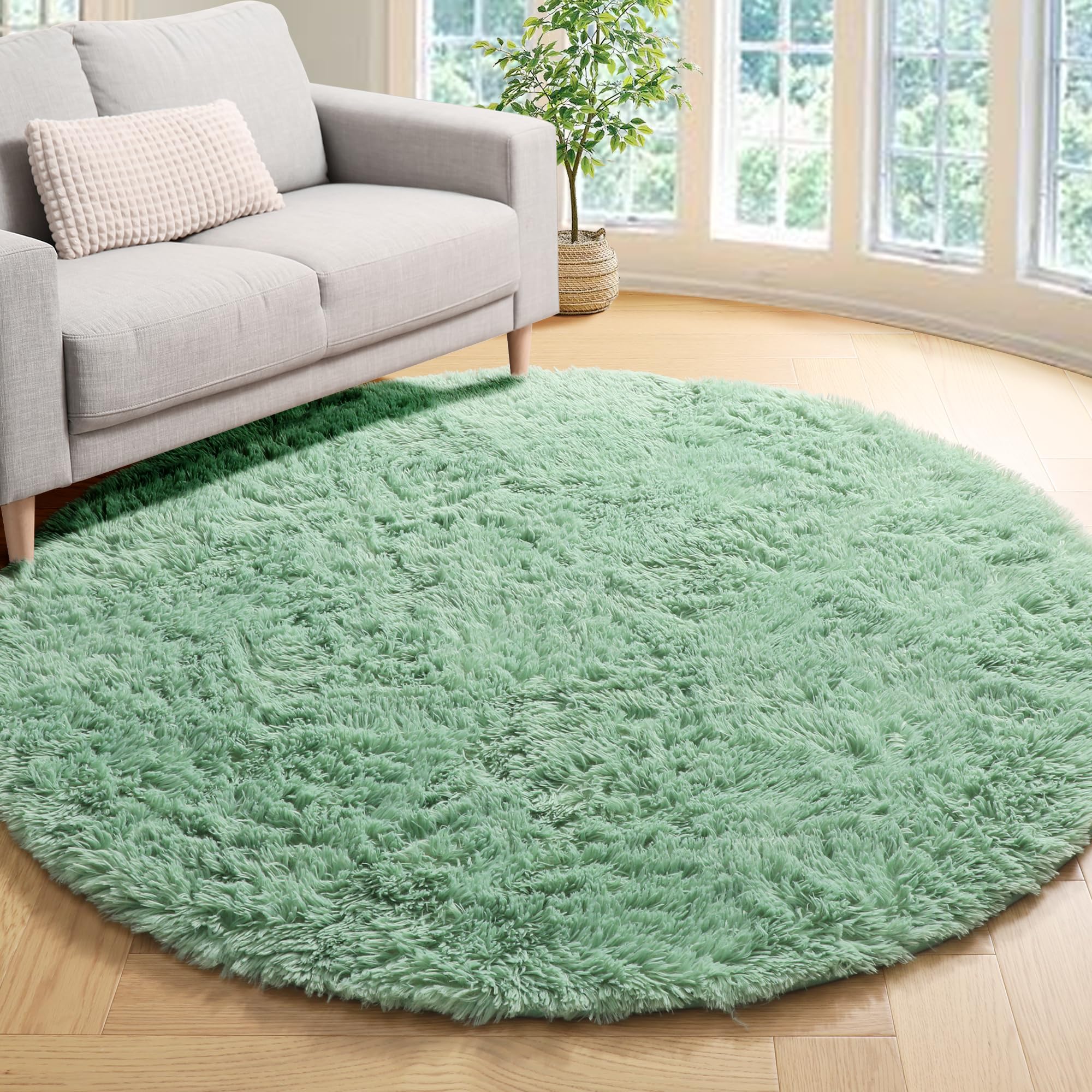 ONASAR Sage Green Round Area Rug 4ft, Soft Bedroom Circle Rugs for Kids Girls Teen Room, Cute Furry Plush Shaggy Carpet for Baby Nursery Living Room Playroom Home Decor Princess Castle