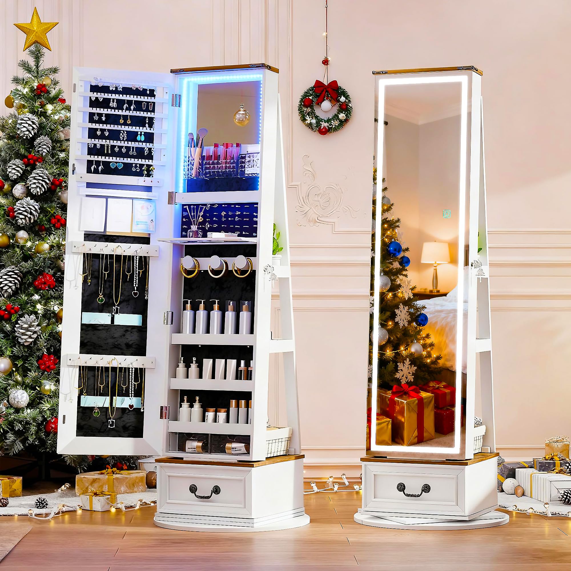 LVSOMT LED Mirror Jewelry Cabinet Standing Jewelry Armoire Organizer with Full Length Mirror 360 Swivel Mirror with Jewelry