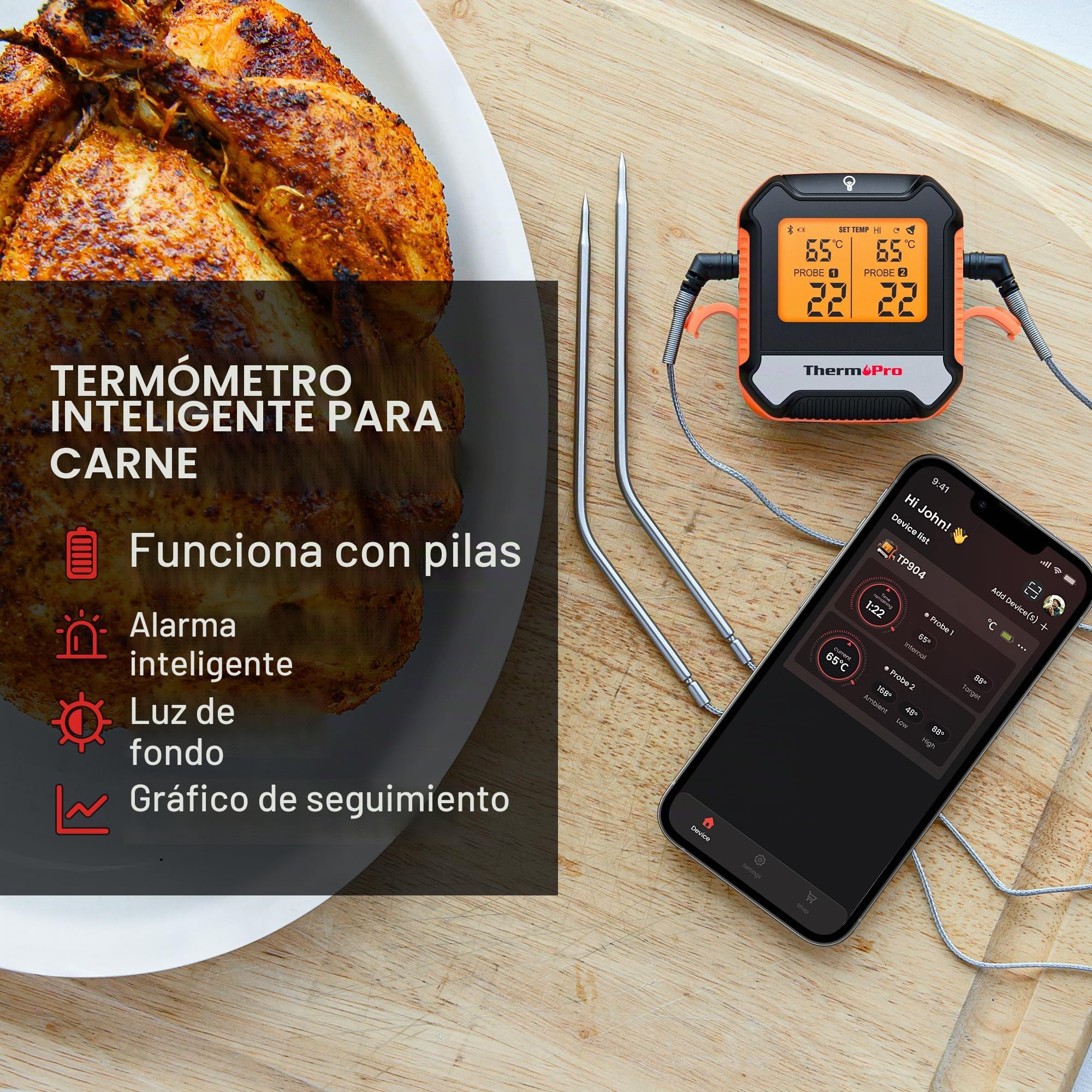 ThermoPro TempPro TP904 Termómetro Digital Para Carne, Control Remoto Bluetooth Termómetro de Cocina Recargable con Aplicación Inteligente, Sondas de Temperatura Duales Aptas Para Alimentos Para Horno