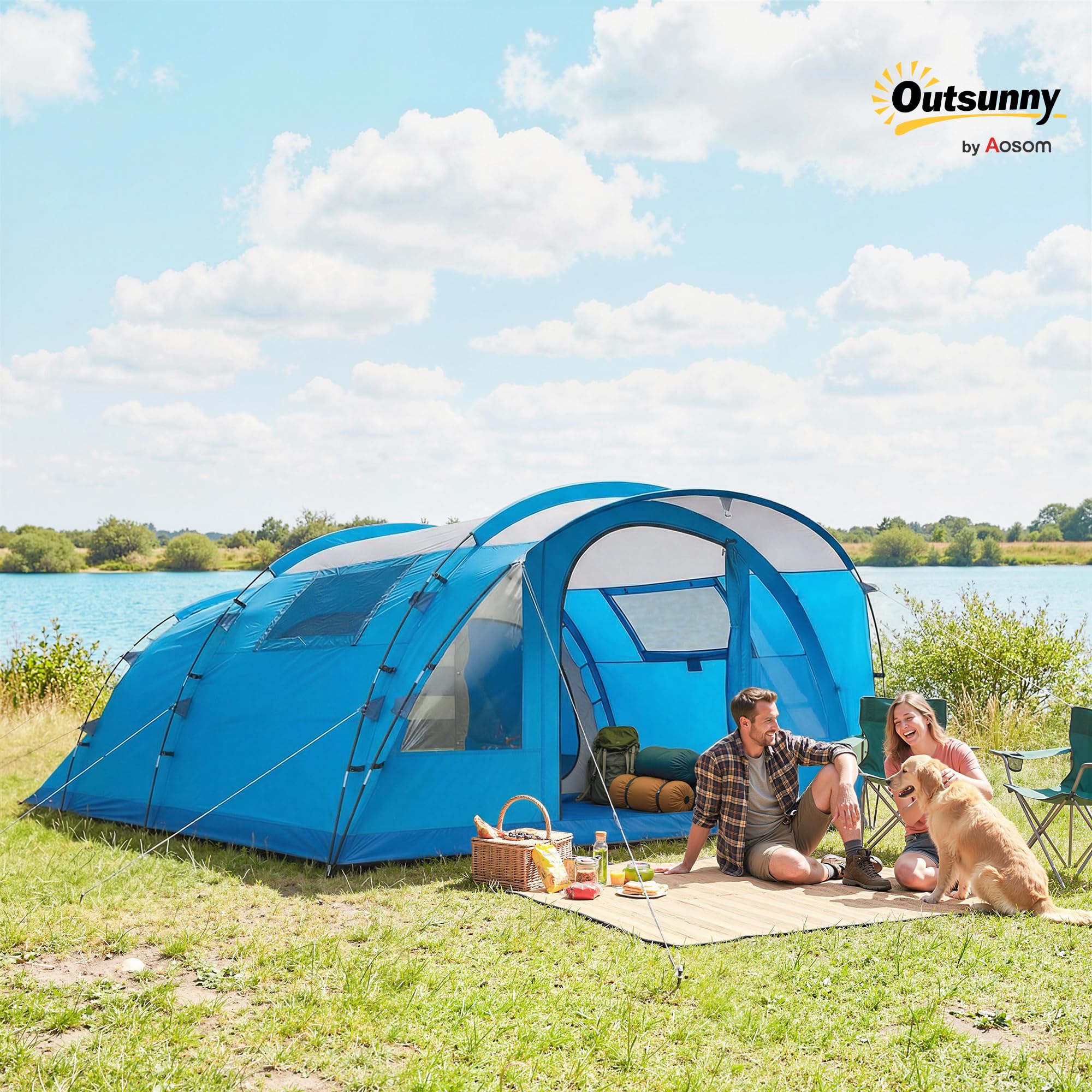 Outsunny Tente de Camping familiale pour 5 Personnes Pliable 3000mm Bleue | Tente tunnel de camping, 3 pièces, porte, 4 fenêtres, porche, sac imperméable, montage facile