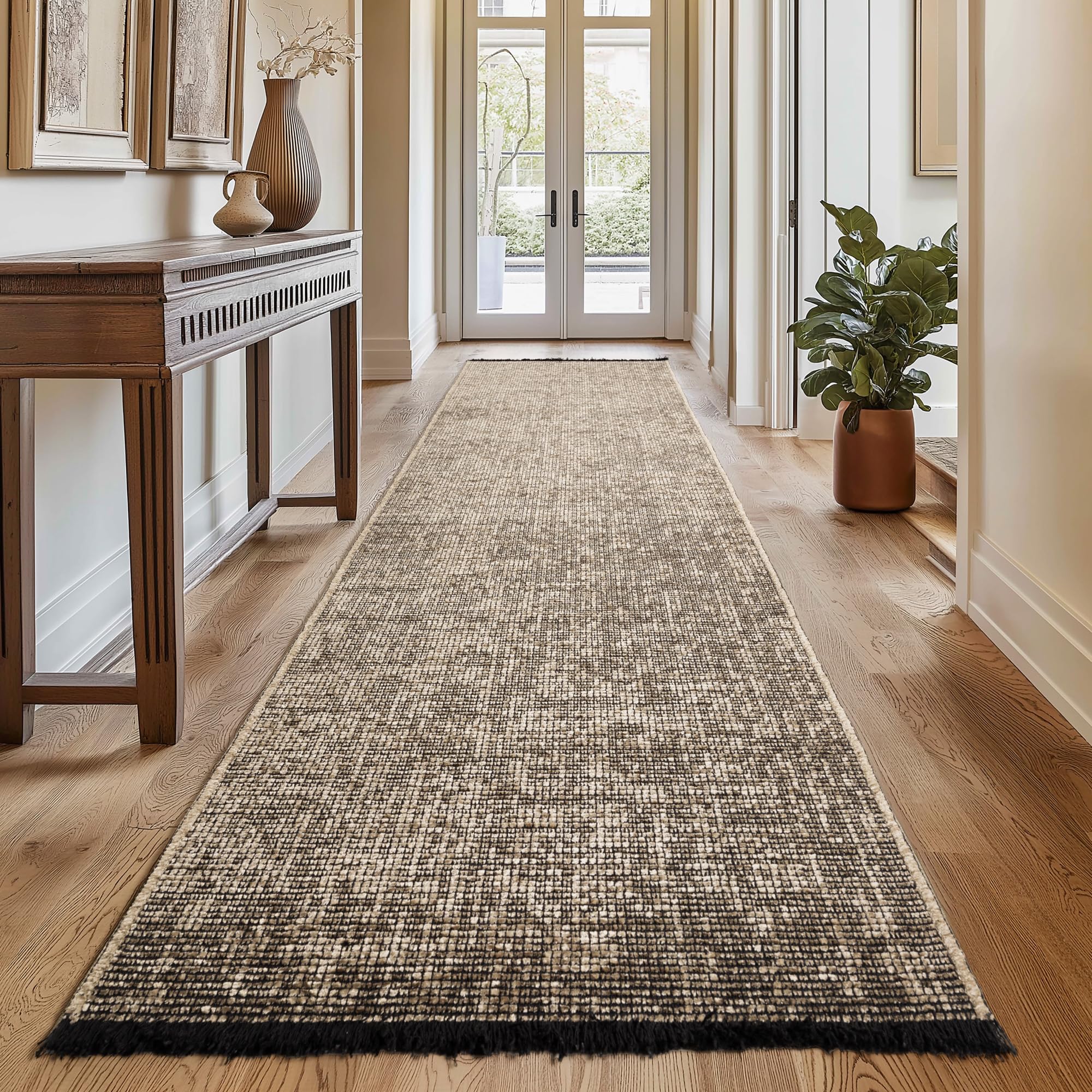 SIMPEX, Baumwolle Teppich Läufer Beige 80x250 cm - Waschbar, Boho-Stil, Vintage Kelim, Kurzflor, rutschfest & Weich, Einfarbig Meliert, Für Küche, Schlafzimmer & Flur