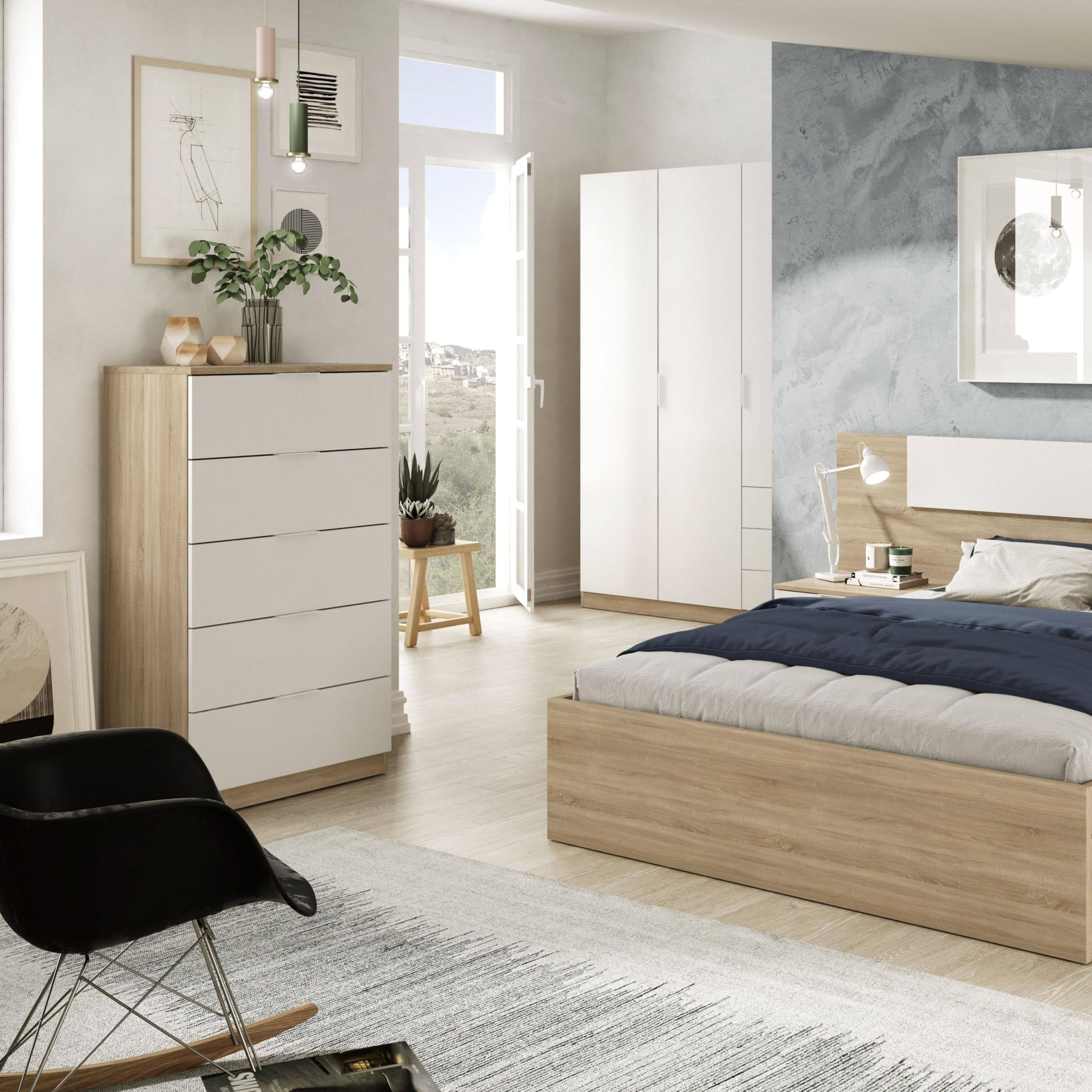 Habitdesign - Cómoda de Dormitorio con 5 Cajones, Sinfonier110x60x40 cm, Sinfonier 5 Cajones, Color Roble Canadian y Blanco Artik - Modelo Alaya
