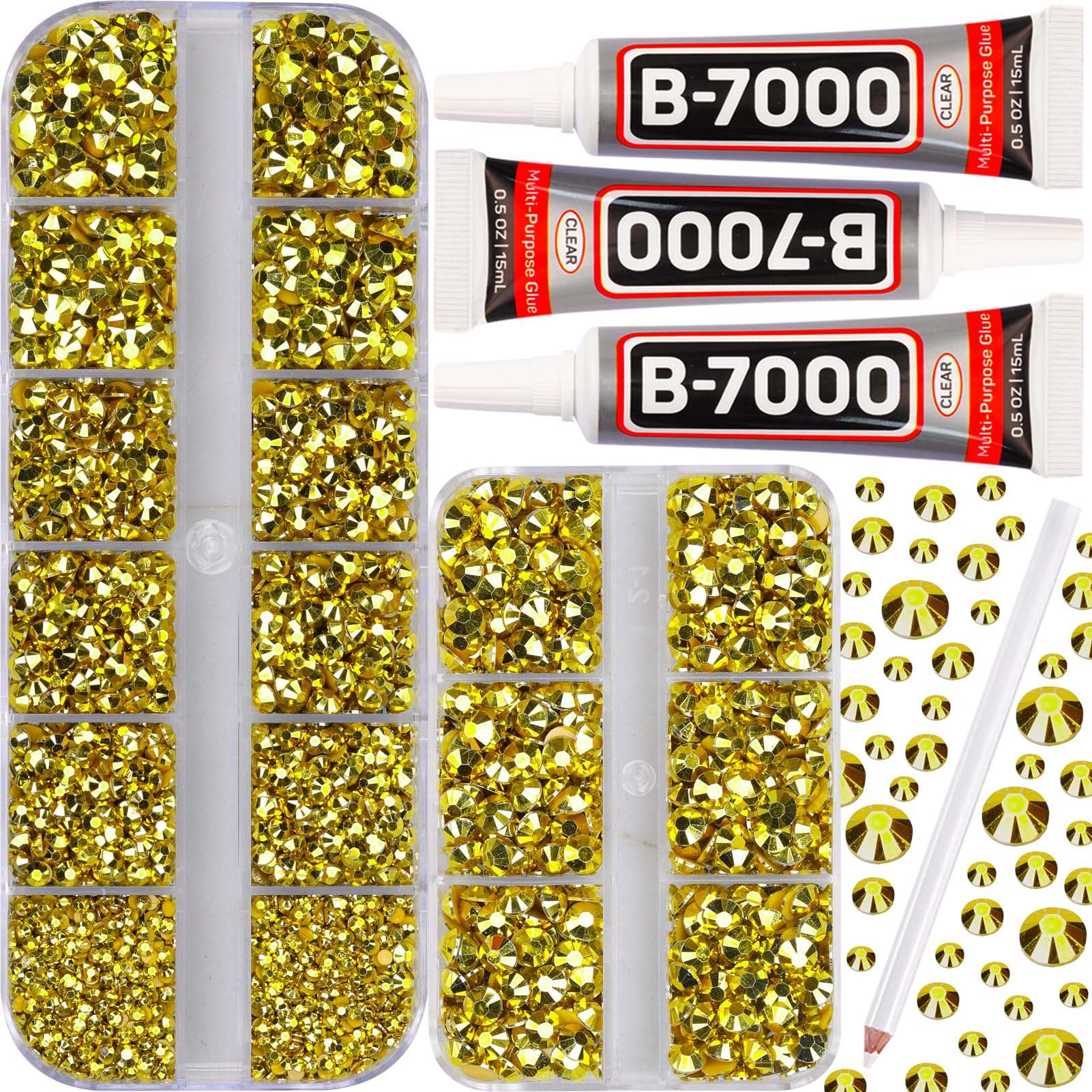 B7000 Gem Glue on 7500Pcs Metallic Bright Gold Rhinestones Flatback for Crafts Clothes Decoration Clothing Fabric, Flat Back Crystals for Crafting Costumes, Gluefix Bedazzling Kit 2/3/4/5 mm
