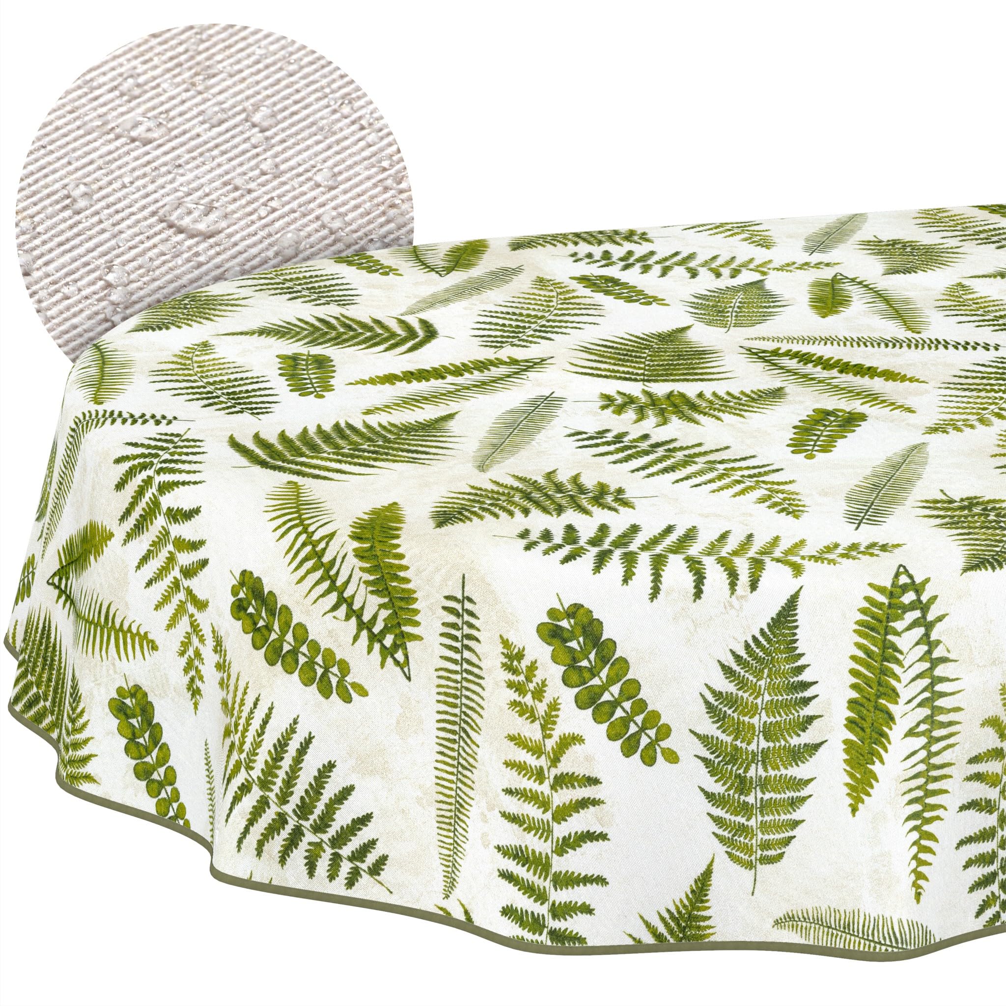 ANRO Washable Tablecloth Fern Oval 220 x 140 cm - Water Resistant Indoor Outdoor Lotus Effect with Hem