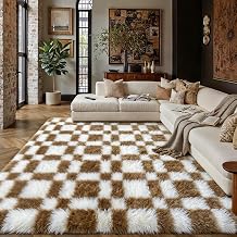HUGEAR 5x8 Checkered Rug Brown and White Living Room Modern Shag Rug Super Soft Washable Indoor Fuzzy Carpet Fluffy Vacuumable Area Rugs for Bedroom Home Decor Non Slip