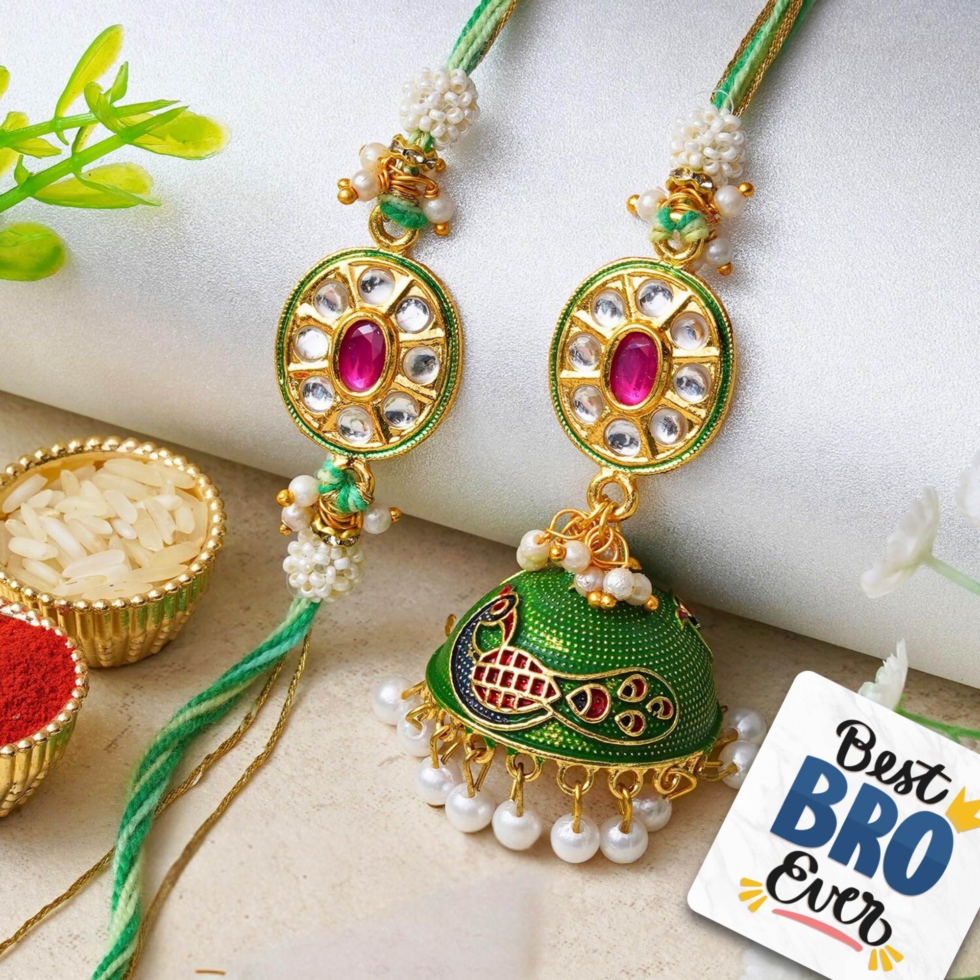 eCraftIndia Set of 2 Kundan, Pearl Peacock Designer Rakhis Best Bro Ever Fridge Magnet with Roli Chawal Pack - Rakhis for Brother, Bhabhi, Kids-picture-13