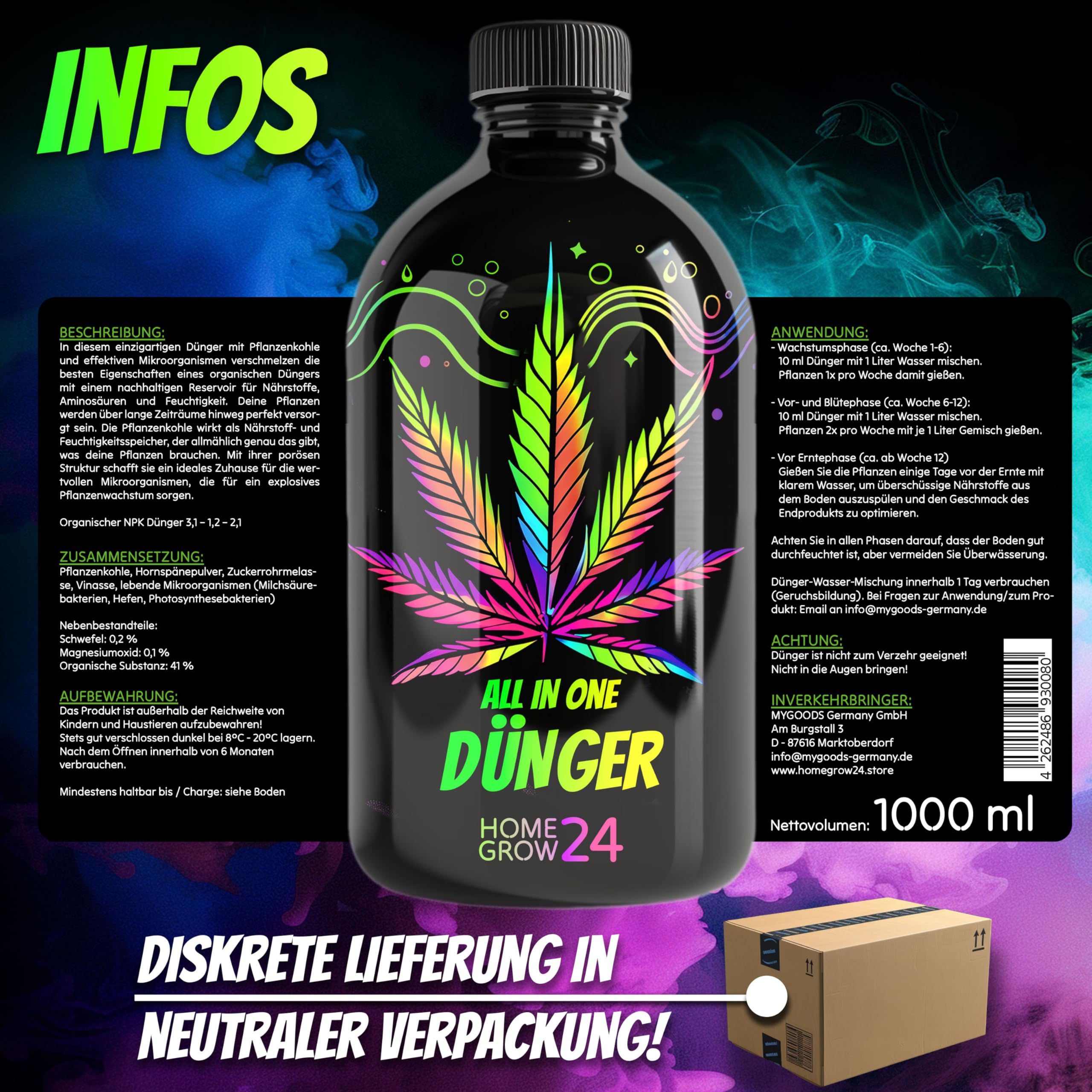 Homegrow24 Cannabis Dünger Indoor & Outdoor für Cannabispflanzen Wachstumsphase und Blütephase BIOlogischer organischer Grow & Bloom Hanfdünger I Set (6 Filztöpfe & Untersetzer + 1000ml Dünger)