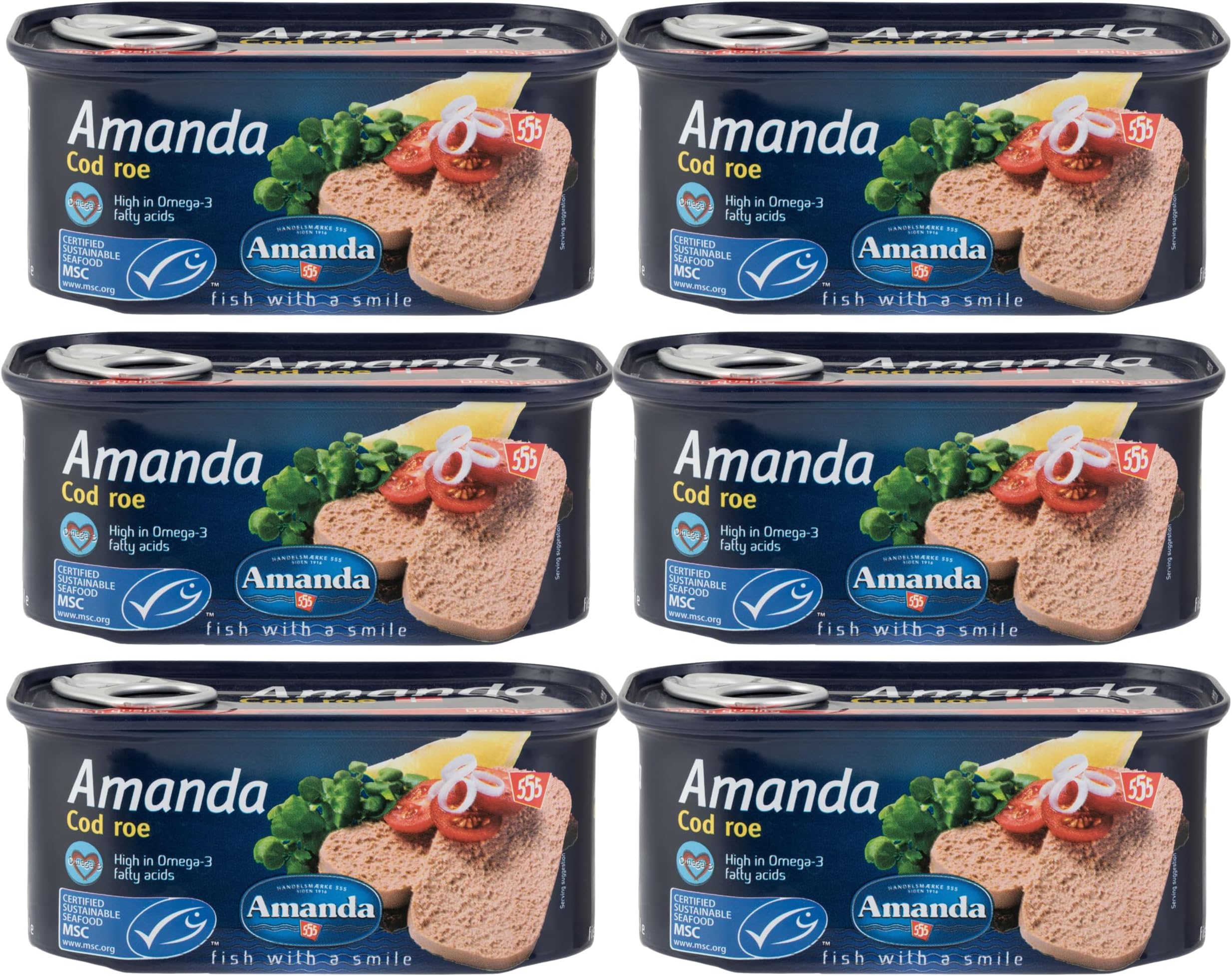 Amanda 555 Pressed Cod Roe – 6 × 200 g Rectangular Ring-Pull Tins | The Original Cod Roe | High Protein, Omega-3, Vitamin D & B12 | MSC Certified, Sustainable & Ready-to-Serve (6 x 200g)