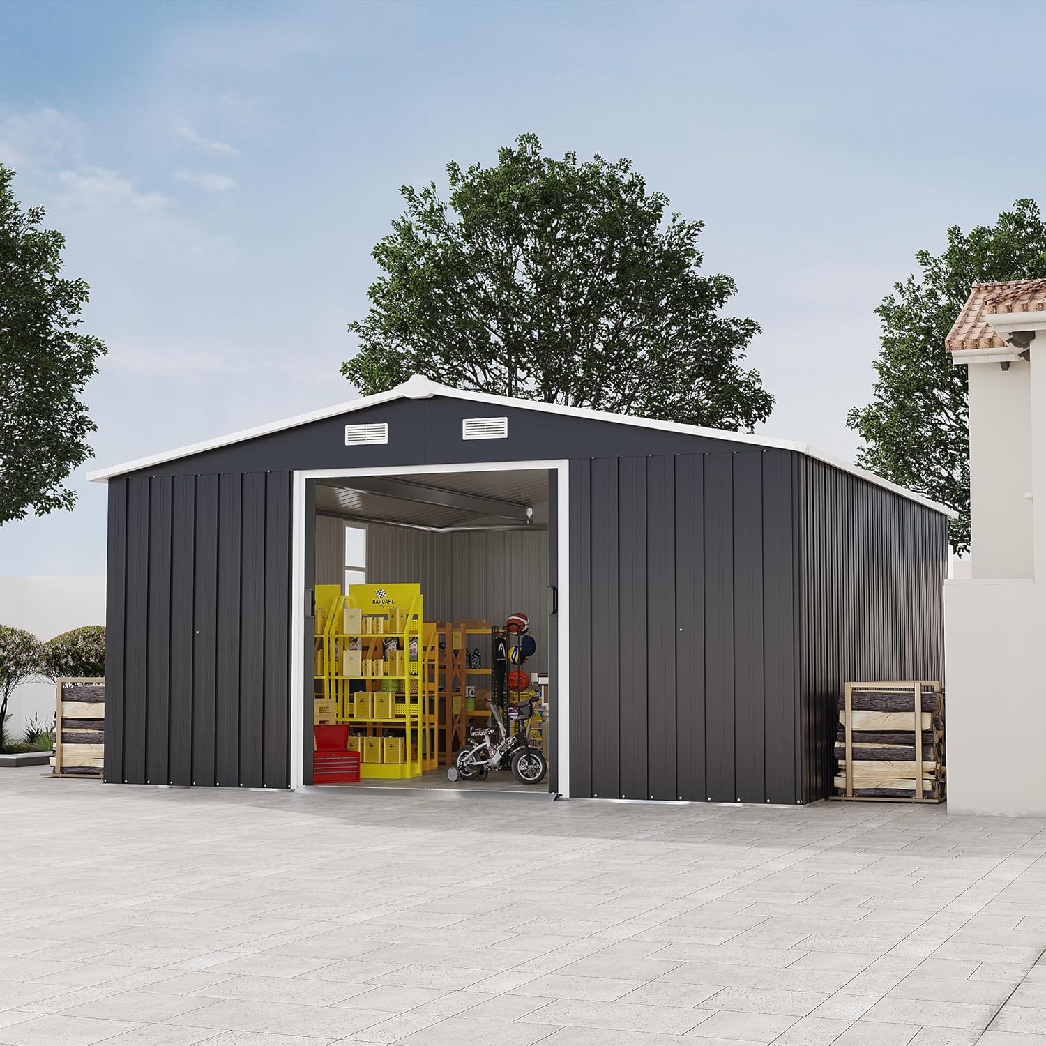 Exterior view of the shed with its doors open, revealing the interior and demonstrating easy access.