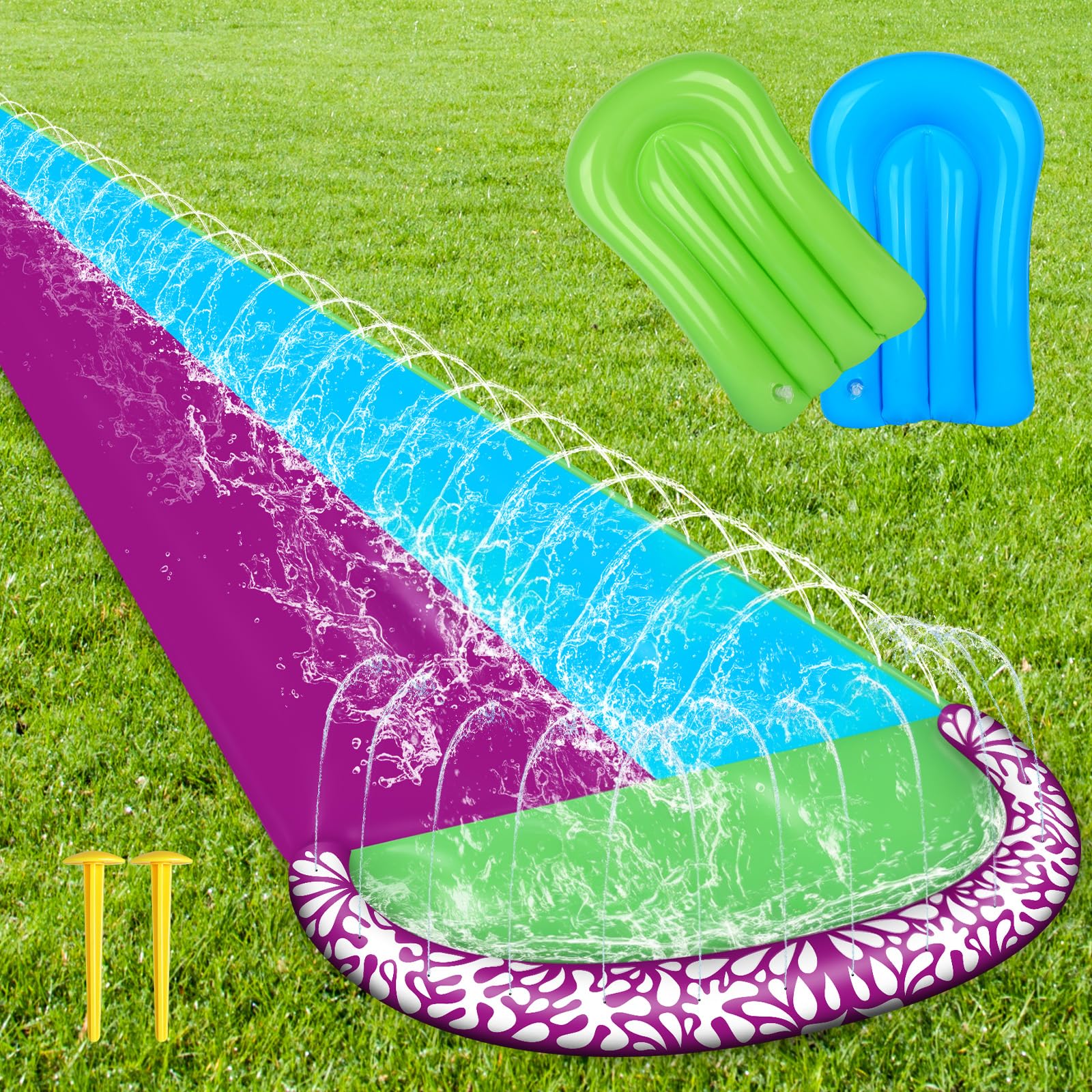 Wasserrutsche Garten 610x240cm mit 2 Bodyboards Doppelrutsche Eingebautem Sprinkler Sommer-Wasserspielzeug