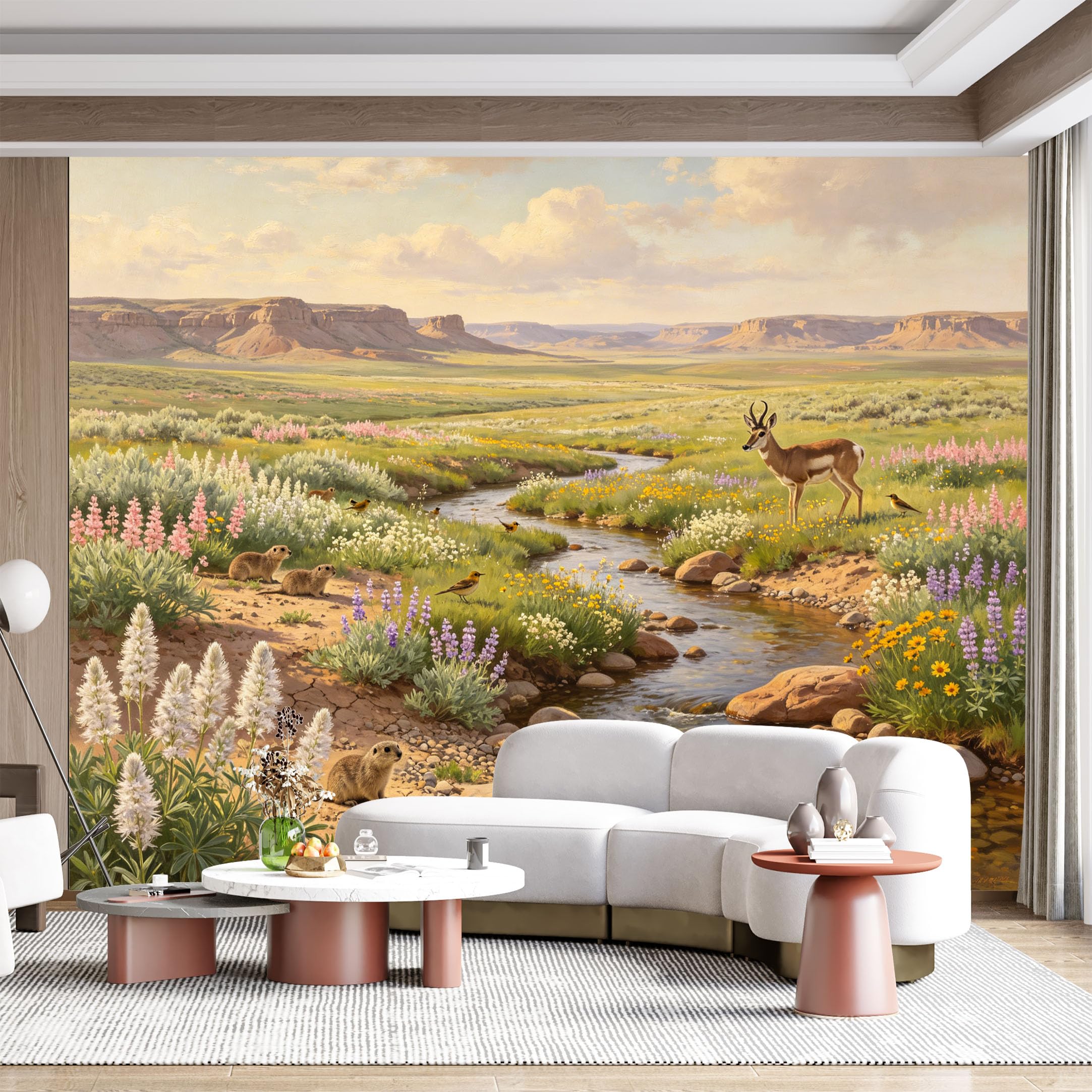 Custom Size Wall Mural Prairie Wildlife Landscape Meadow Stream Oil Painting SelfAdhesive Wall Fabric Removable for Home Office Decor
