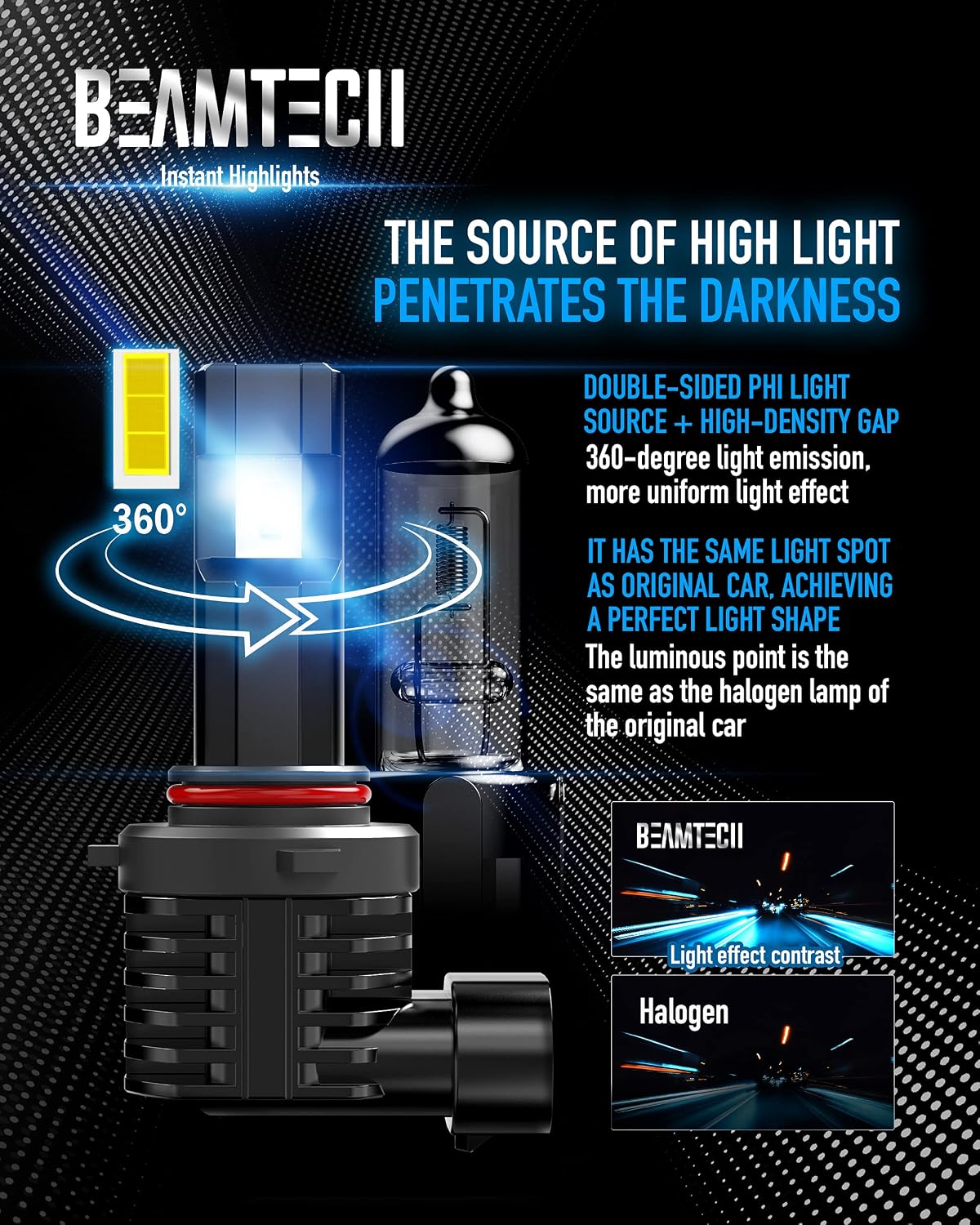 BEAMTECH 9005 LED Headlight Bulb, Fanless In Line HB3 Halogen Replacement 6500K Xenon White