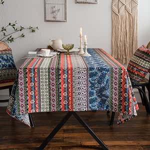 FDY MY Cotton Linen Tablecloth With Tassels – Rustic Farmhouse Rectangle Table Cover, Wrinkle-Free, 55x118 Inch (Blue) - View #9