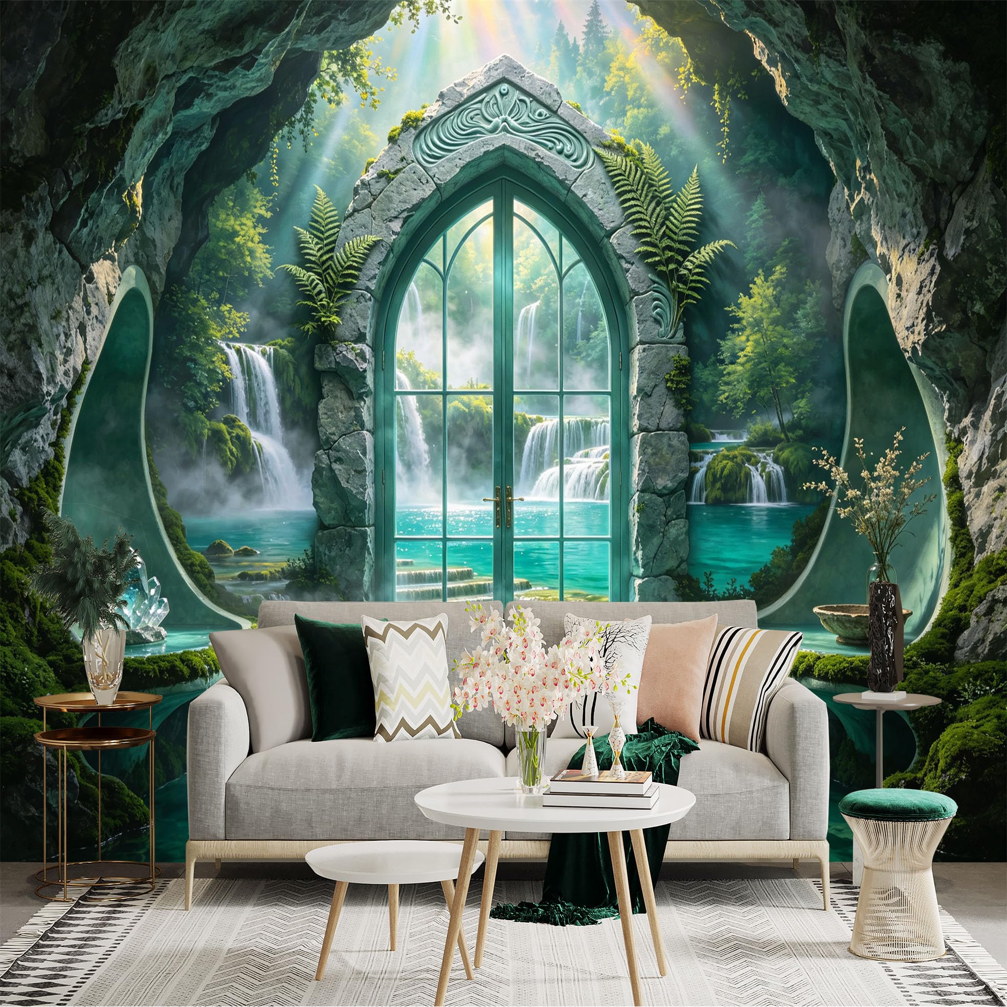 Custom Size Wall Sticker Mural， Fantasy Cave Waterfall with Stone Arch Door and Emerald Lake， for wall Decoration， peelandstick wall Decals.