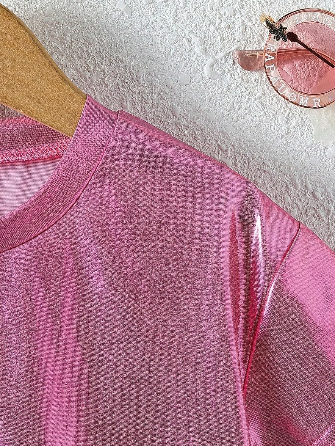 Verdusa Girl's Metallic Crop Tee Top Short Sleeve Round Neck Neon Shirts Party Costume Concert Outfits - Image 2