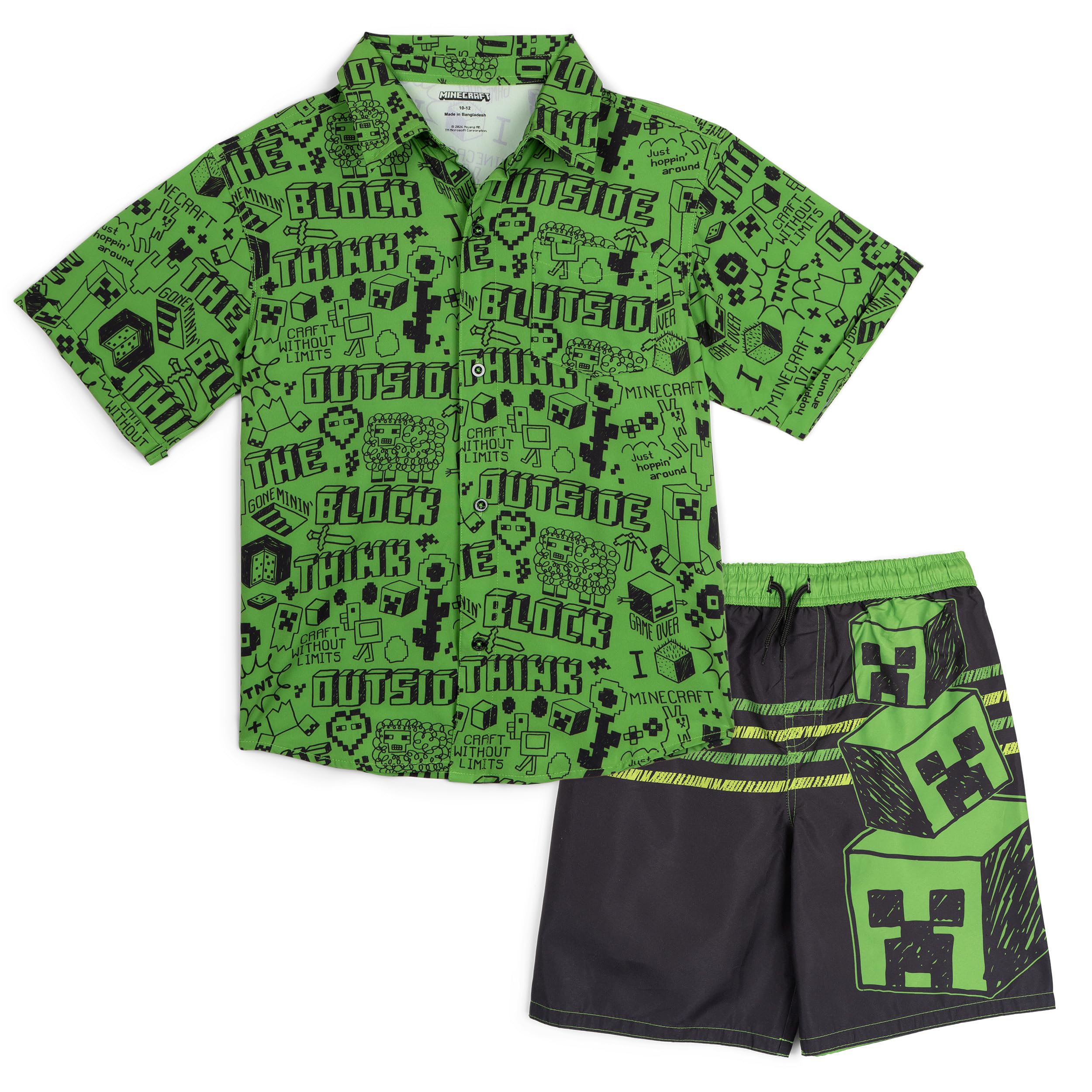 Minecraft Creeper Button Down Shirt and Swim Trunks UPF 50+ Outfit Set Little Kid to Big Kid Sizes (6-14-16)