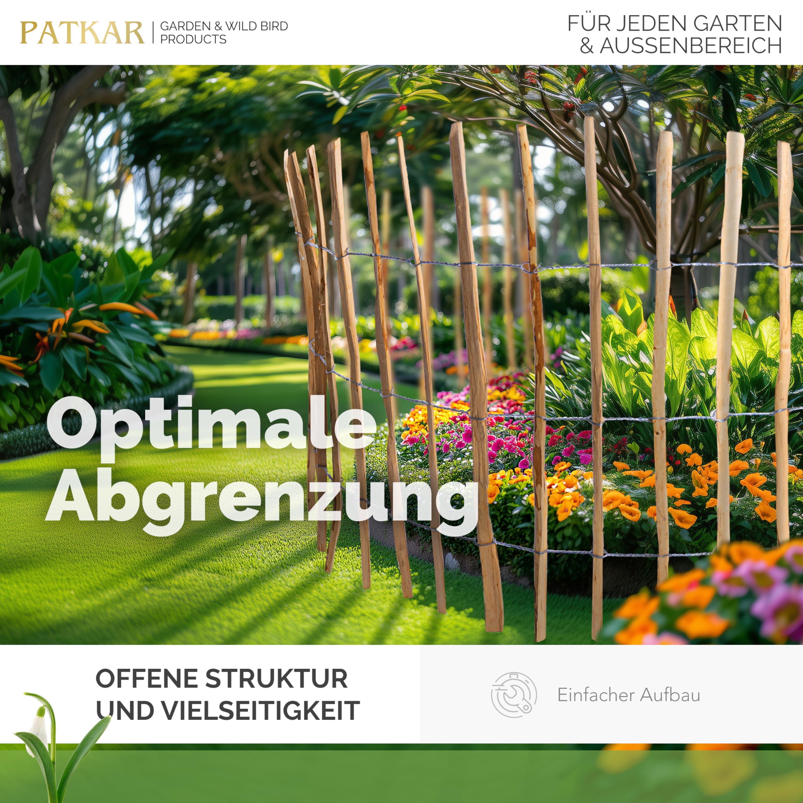 PATKAR® Staketenzaun 10mx90cm [WETTERBESTÄNDIG & STABIL] - Holzzaun Gartenzaun Holz Abgrenzung - Staketenzaun 90 cm hoch (Made in Europe) - Gartenzaun zum Stecken - einfach montierter Zaun Holz