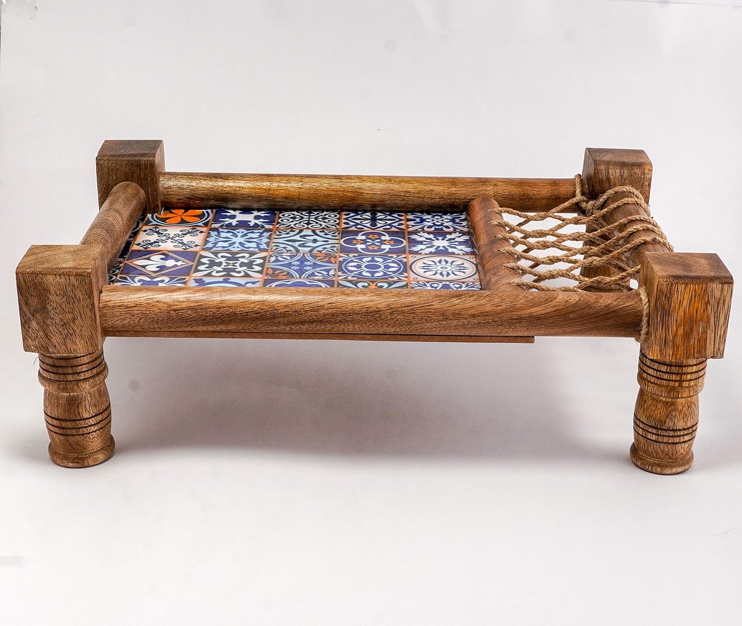 Handmade Decorative Wooden Cot Tray for Snacks & Drinks – Traditional Indian Serving Tray with Jute Weaving – Durable Hardwood Food Platter – 14" x 9" x 5" – Perfect for Parties & Home Decor