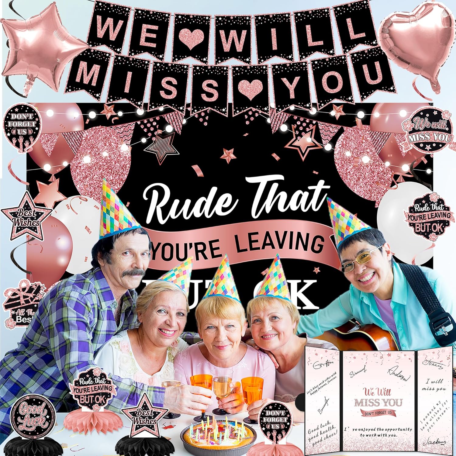 Holkcog Rude That You'Re Leaving But Ok Banner, Farewell Party Decorations for Women, Going Away Gifts Signing Guestbooks Cards With Black Pink Glitter Perfect for Office Coworker Goodbye Party Decor