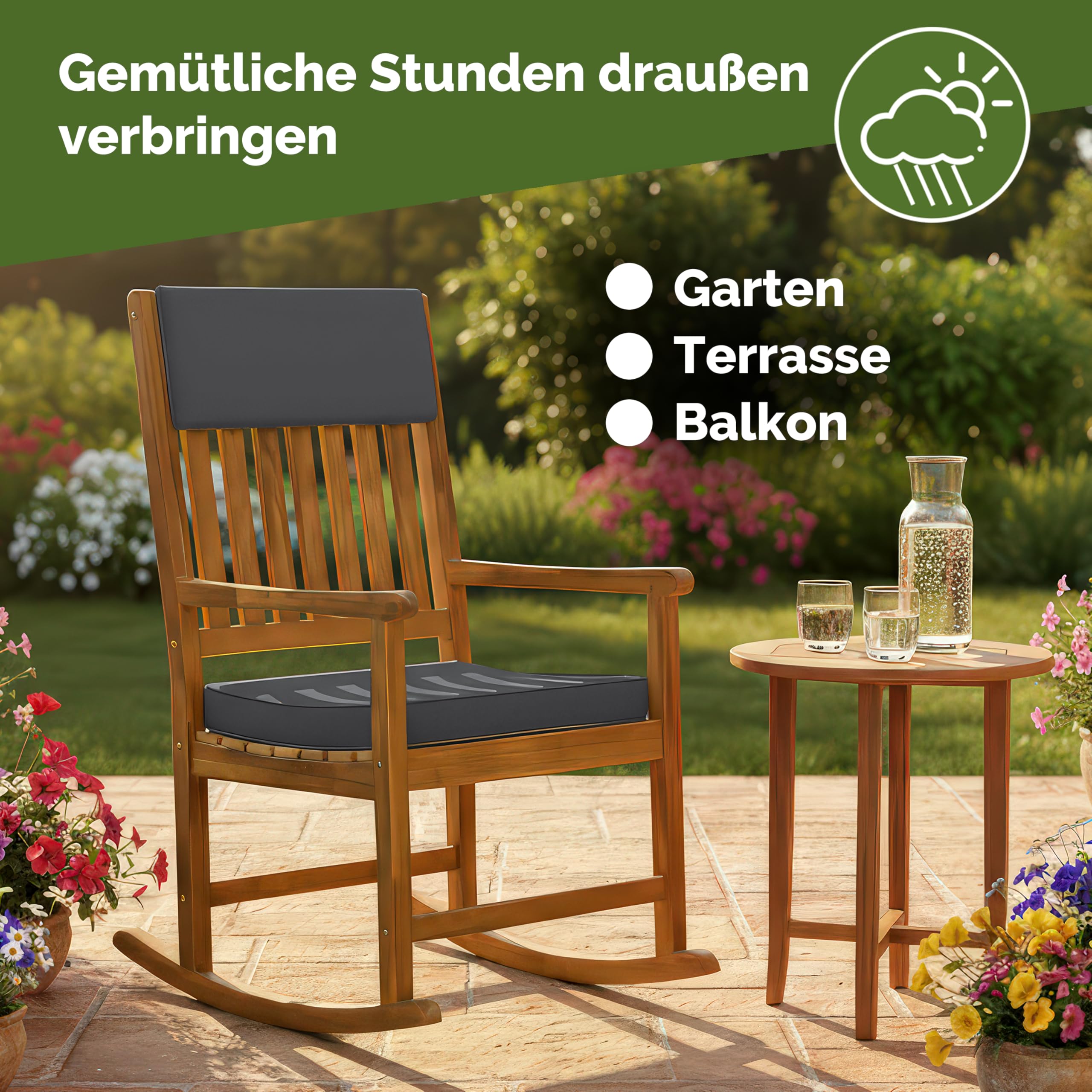 CASARIA® Silla Mecedora Reposabrazos Acacia 160Kg Funda Lavable Jardín Balcón Terraza Resistente Intemperie Interior Exterior Cojines Antracita