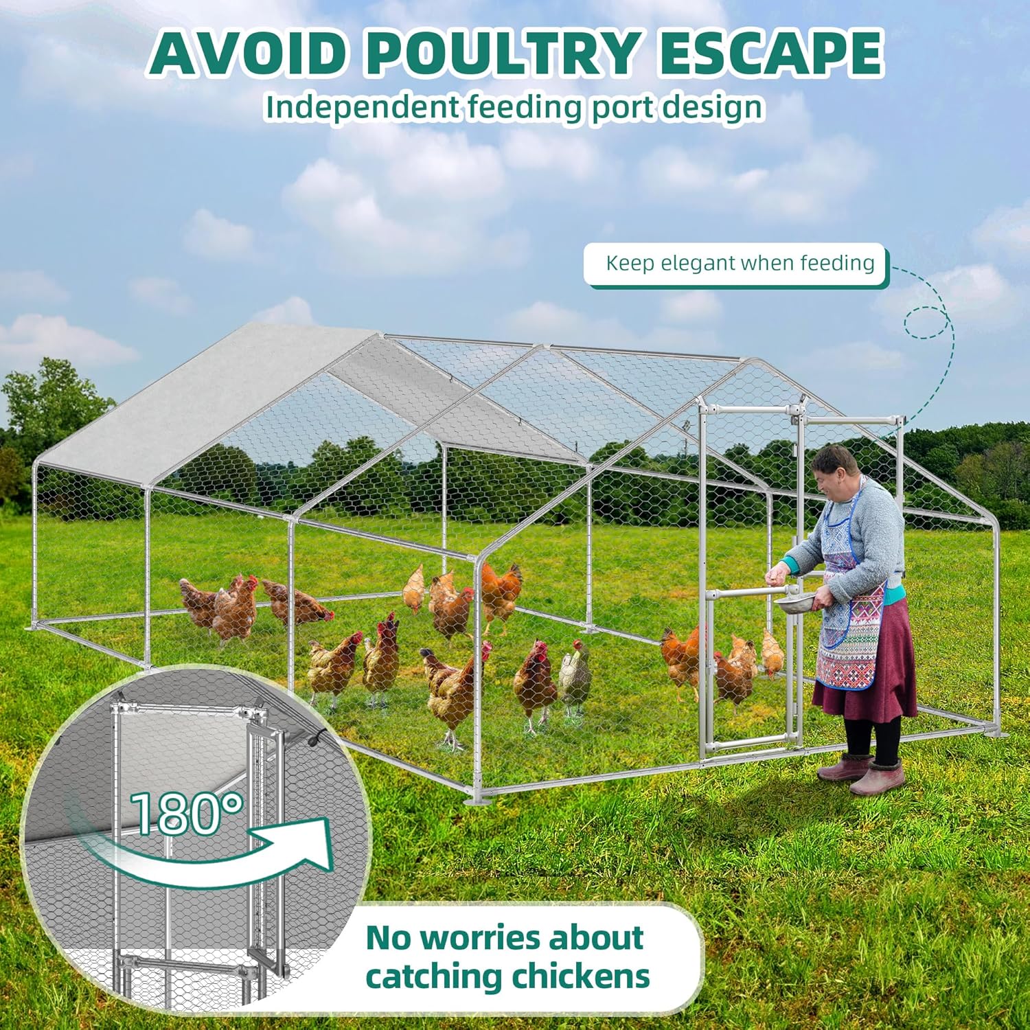 A person feeding chickens inside the YITAHOME XXL Chicken Coop through an independent feeding port, highlighting the double-door design that prevents poultry escape and allows for convenient access.