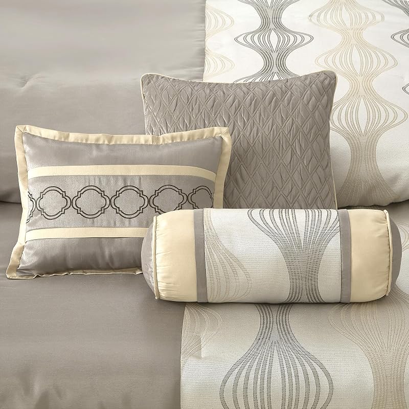 LANCO MODERN LIFESTYLE Queen Comforter Set, Grey Gold, 7 Pieces in a Bag, Ultra Soft Jacquard with Solid Piecework, Luxury Bed Set with Comforters, Bed Skirt, Pillow Shams and Decorative Pillows image 5