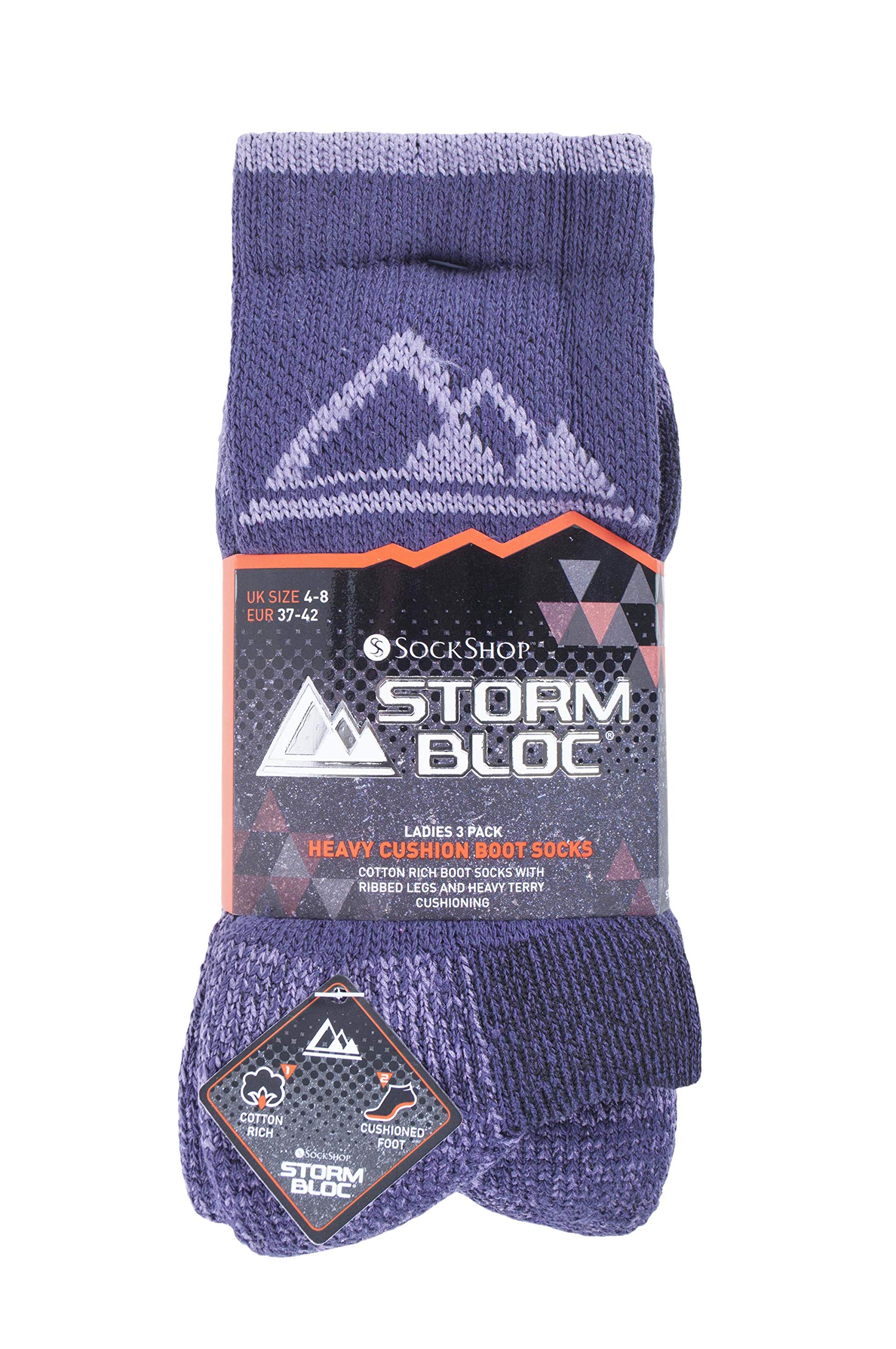 Storm Bloc - 3 Pairs Cotton Womens Hiking Walking Socks with Padded Cushion (5-9, SBLS030PUR)