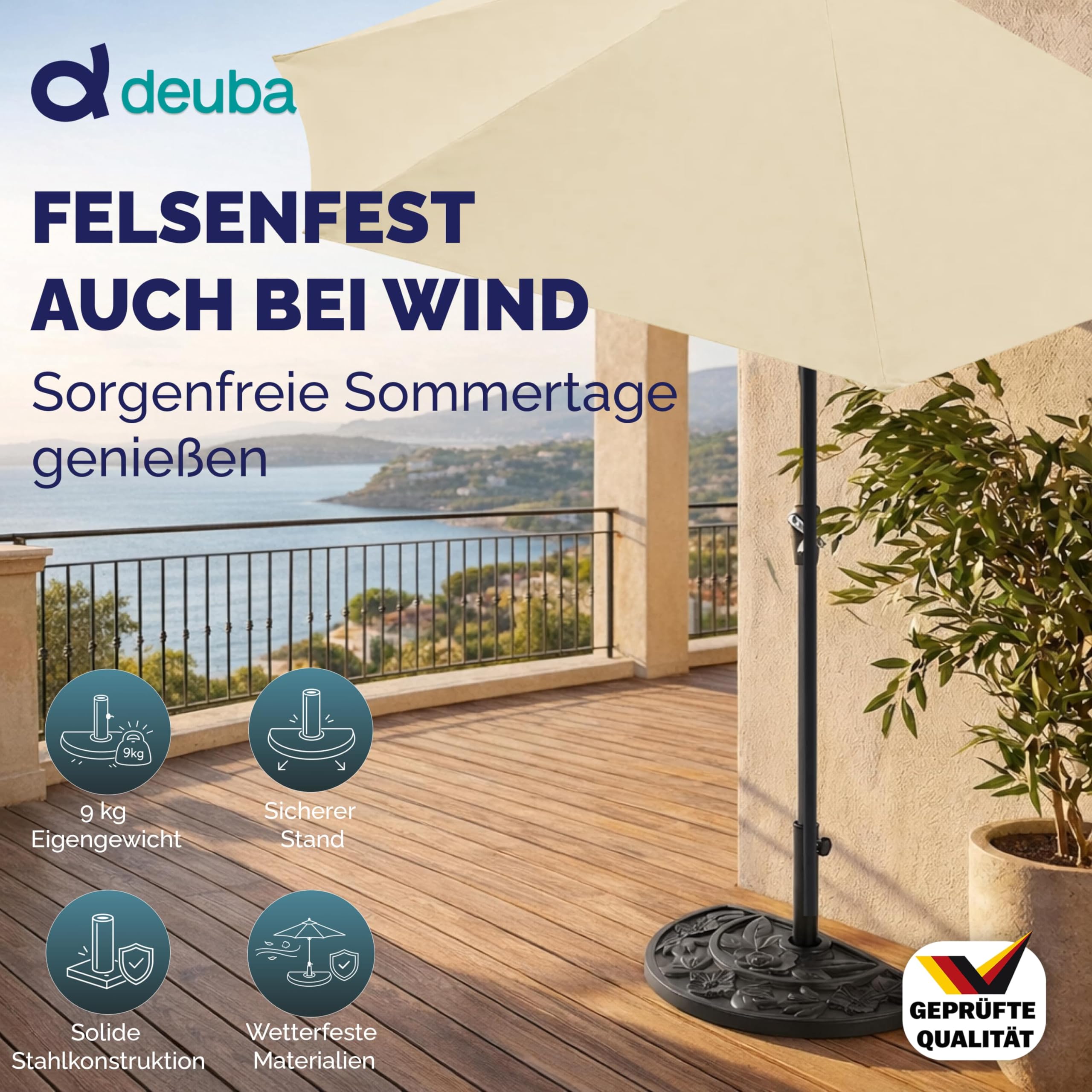 Deuba® Sonnenschirmständer halbrund Balkon Terrasse 9 kg Blumen Design schwarz Gussoptik wetterfest Schirmständer Balkonschirm Terrassenschirm Ständer