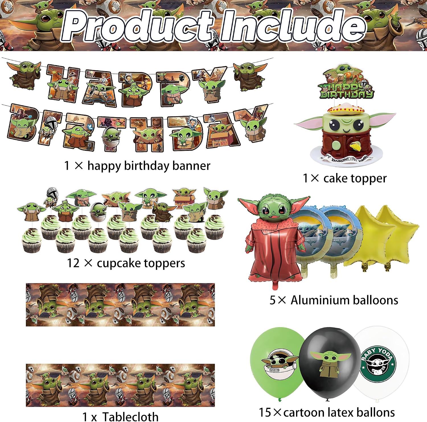 35Pcs Grogu Birthday Decorations Set, Includes Cake Topper, Cupcake Toppers, Balloons, Happy Birthday Banner and Table Cloth, Perfect for Sci Fi Birthday Decorations