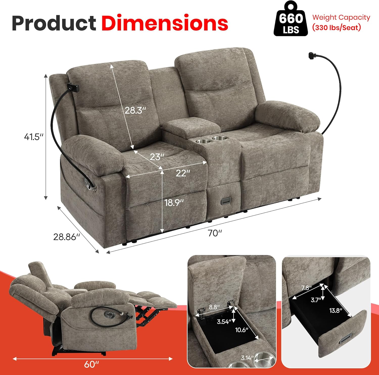 Chenille Fabric Manual Recliner Loveseat Sofa with Hidden Drawer, Flip Console, USB/Type-C Ports, Phone Holder & Cup Holders, Space-Saving Wall Hugger Couch for Small Spaces, Apartments, RVs, Brown